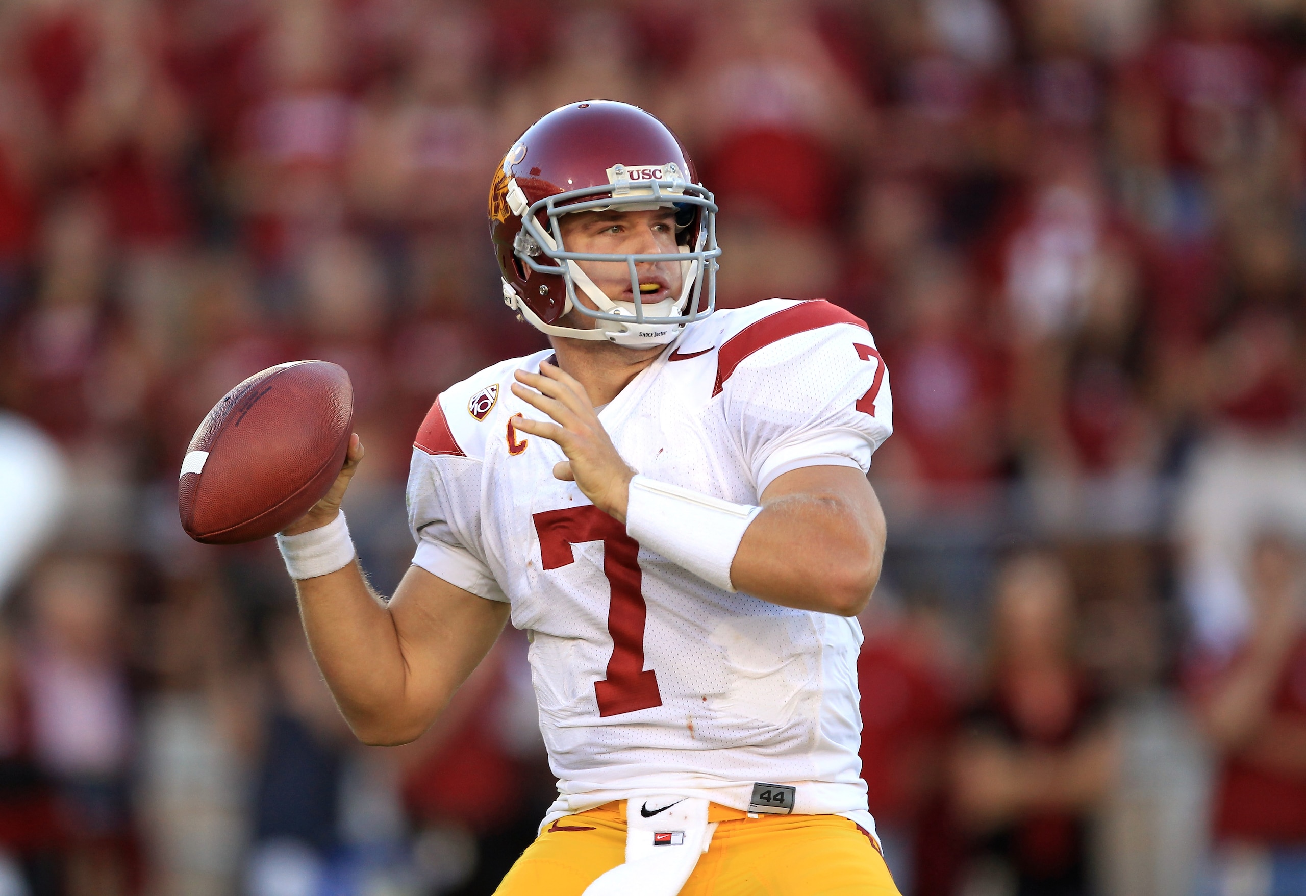 PALO ALTO, CA - OCTOBER 09:  Matt Barkley #7 of the USC Trojans passes the ball during their game against the Stanford Cardinal at Stanford Stadium on October 9, 2010 in Palo Alto, California.  (Photo by Ezra Shaw/Getty Images)