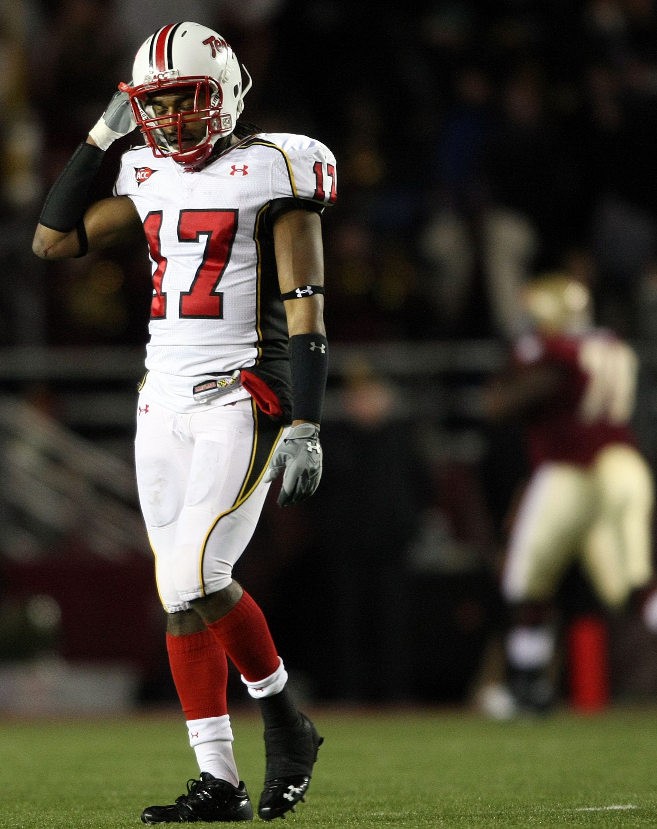 CHESTNUT HILL, MA - NOVEMBER 29: Danny Oquendo #17 of the Maryland Terrapins walks off the field late in the fourth quarter against the Boston College Eagles on November 29, 2008 at Alumni Stadium in Chestnut Hill, Massachusetts. Boston College defeated CHESTNUT HILL, MA - NOVEMBER 29: Danny Oquendo #17 of the Maryland Terrapins walks off the field late in the fourth quarter against the Boston College Eagles on November 29, 2008 at Alumni Stadium in Chestnut Hill, Massachusetts. Boston College defeated