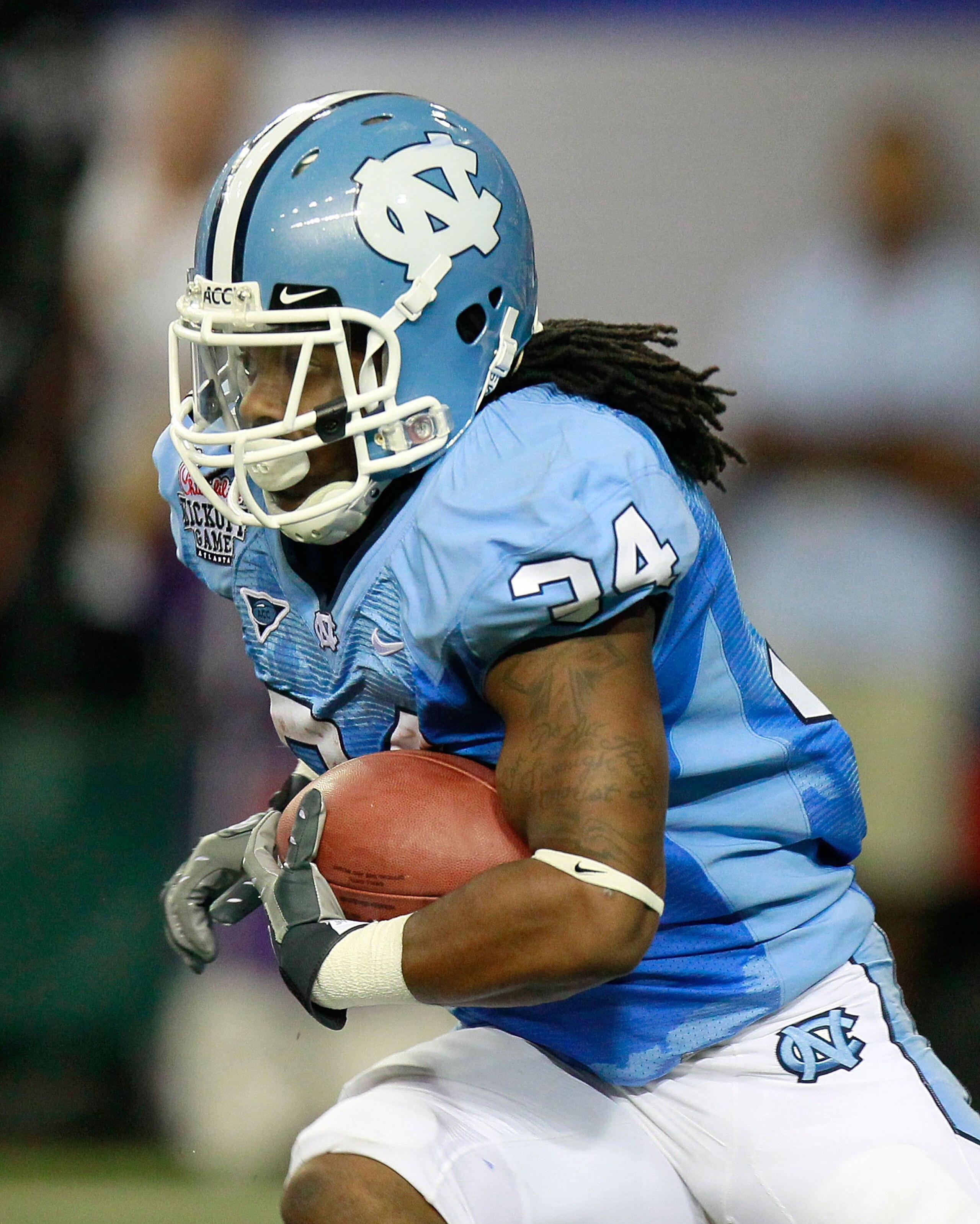 ATLANTA - SEPTEMBER 04: Johnny White #34 of the North Carolina Tar Heels against the LSU Tigers during the Chick-fil-A Kickoff Game at Georgia Dome on September 4, 2010 in Atlanta, Georgia. (Photo by Kevin C. Cox/Getty Images) ATLANTA - SEPTEMBER 04: Johnny White #34 of the North Carolina Tar Heels against the LSU Tigers during the Chick-fil-A Kickoff Game at Georgia Dome on September 4, 2010 in Atlanta, Georgia. (Photo by Kevin C. Cox/Getty Images)