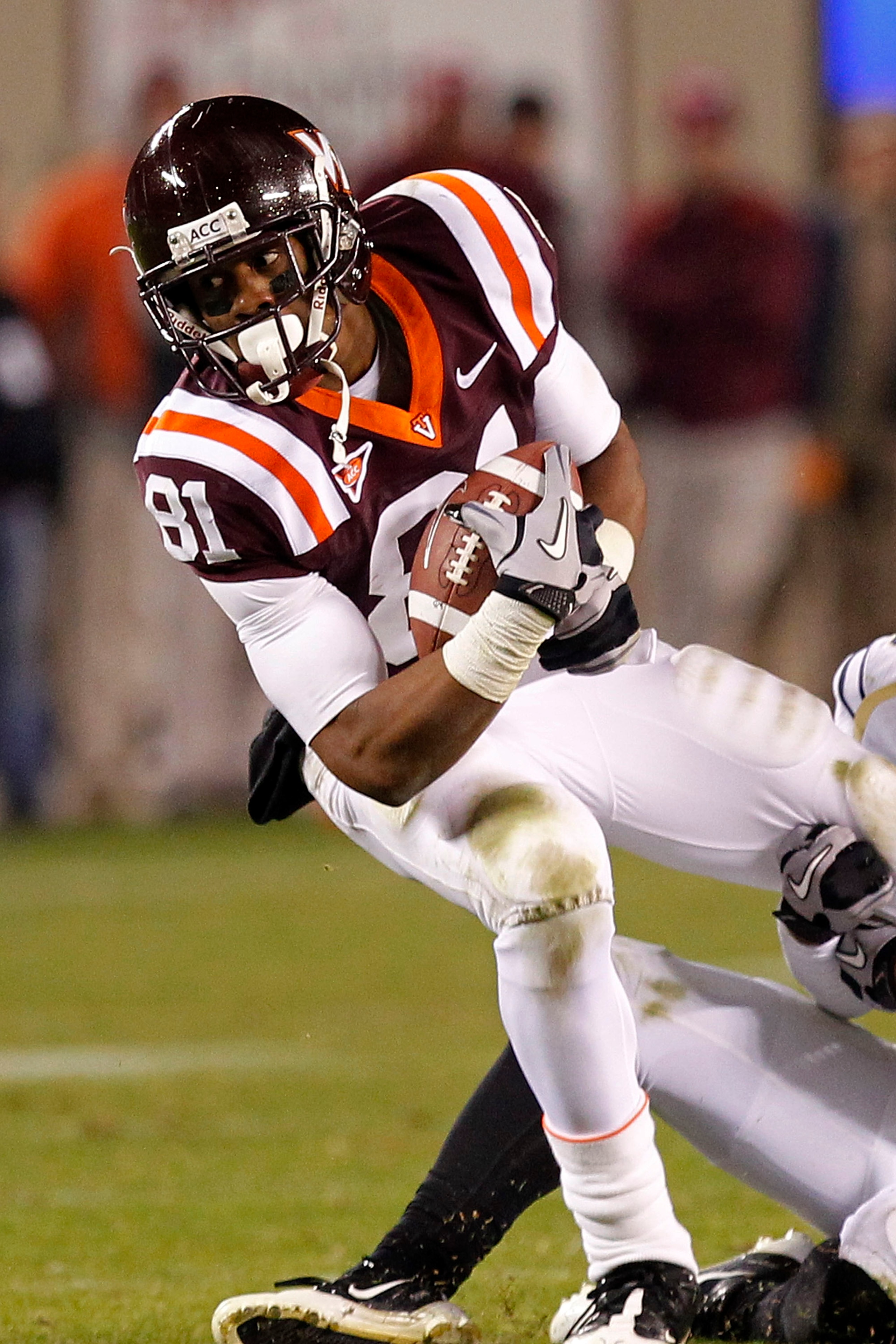 BLACKSBURG, VA - NOVEMBER 04: Wide receiver Jarrett Boykin #81 of the Virginia Tech Hokies is tackled while running with the ball against the Georgia Tech Yellow Jackets at Lane Stadium on November 4, 2010 in Blacksburg, Virginia. (Photo by Geoff Burke/G BLACKSBURG, VA - NOVEMBER 04: Wide receiver Jarrett Boykin #81 of the Virginia Tech Hokies is tackled while running with the ball against the Georgia Tech Yellow Jackets at Lane Stadium on November 4, 2010 in Blacksburg, Virginia. (Photo by Geoff Burke/G