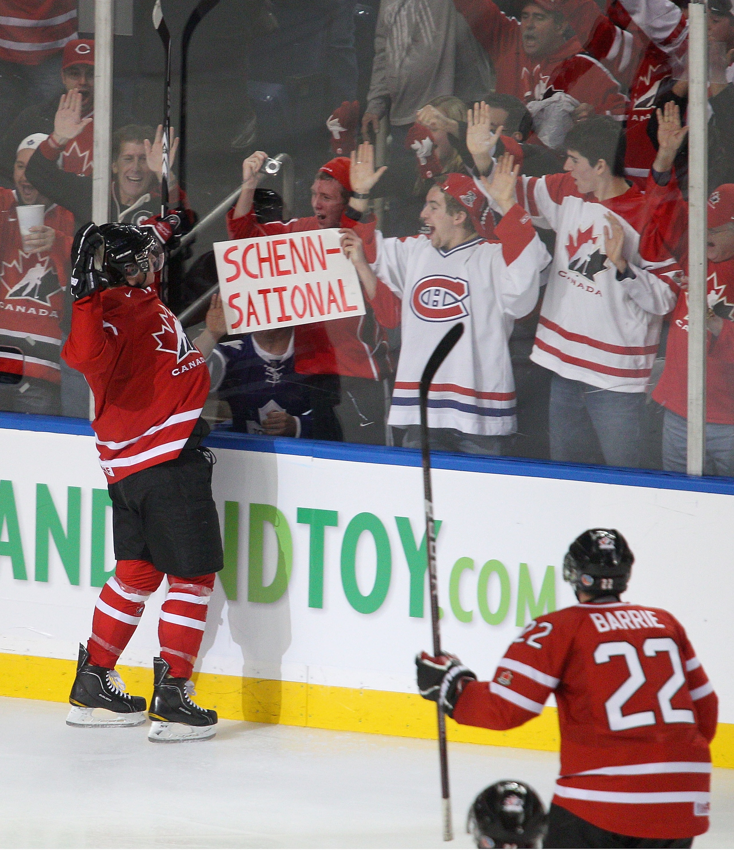 BUFFALO, NY - JANUARY 05: Brayden Schenn #10 of Canada celebrates scoring Canada's third goal against Russia during the 2011 IIHF World U20 Championship Gold medal game between Canada and Russia on January 5, 2011 in Buffalo, New York.  (Photo by Rick Ste