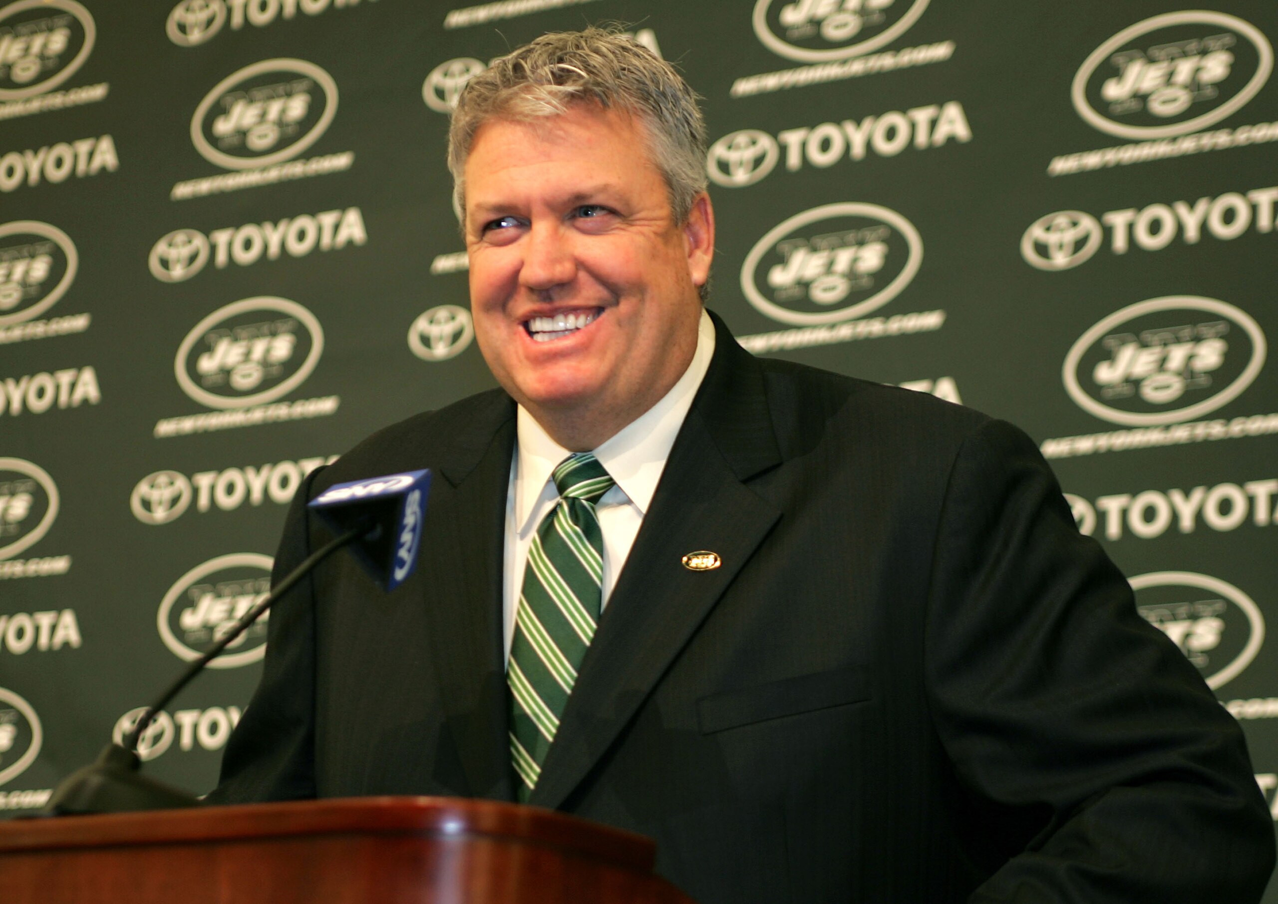 FLORHAM PARK, NJ - JANUARY 21: Rex Ryan addresses the media during a press conference after being introduced as the new Head Coach of the New York Jets at the Atlantic Health Jets Training Center on January 21, 2009 in Florham Park, New Jersey.  (Photo by