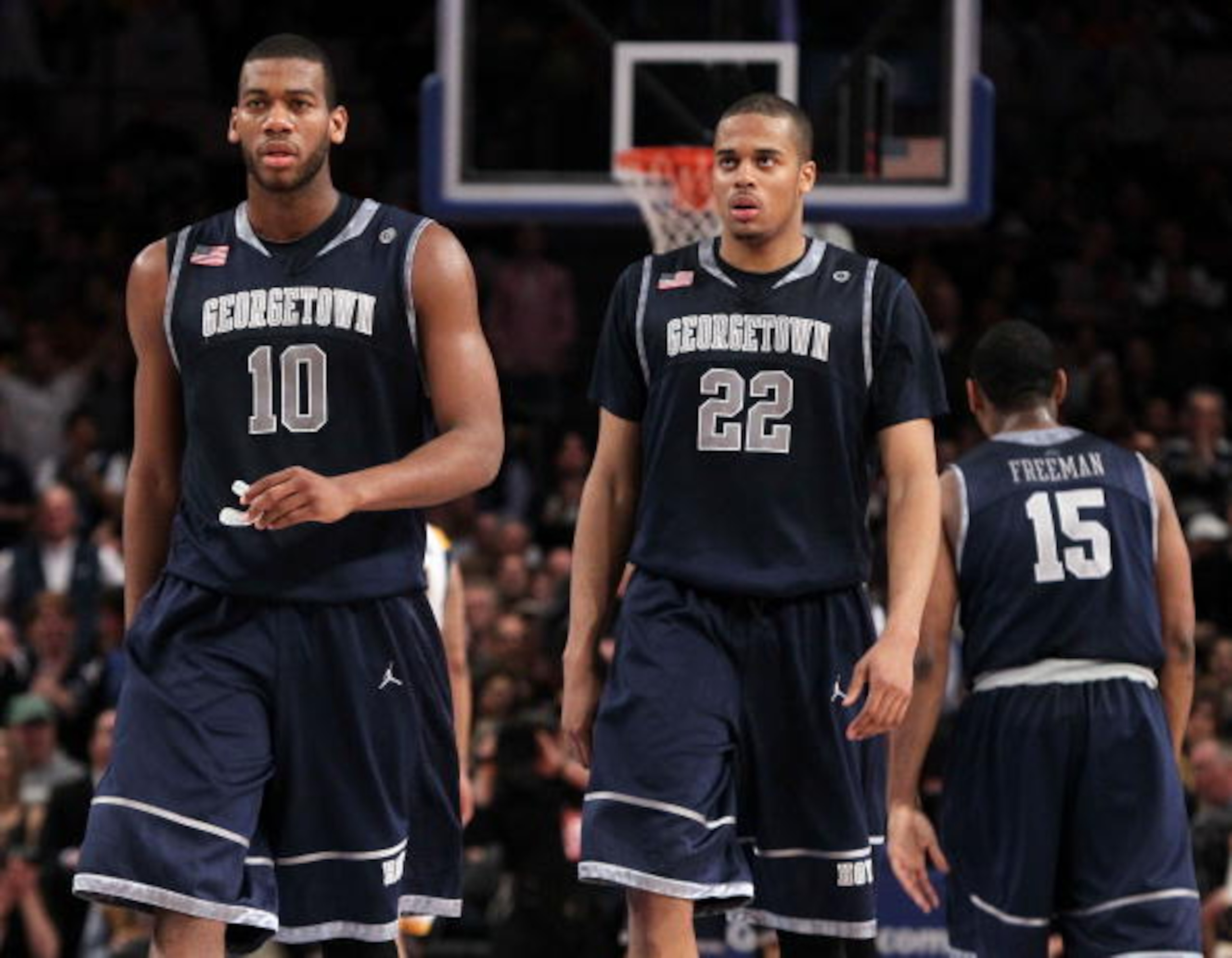 NEW YORK - MARCH 13:  Greg Monroe #10 and Julian Vaughn #22 of the Georgetown Hoyas look on during the championship of the 2010 NCAA Big East Tournament at Madison Square Garden on March 13, 2010 in New York City.  (Photo by Jim McIsaac/Getty Images)