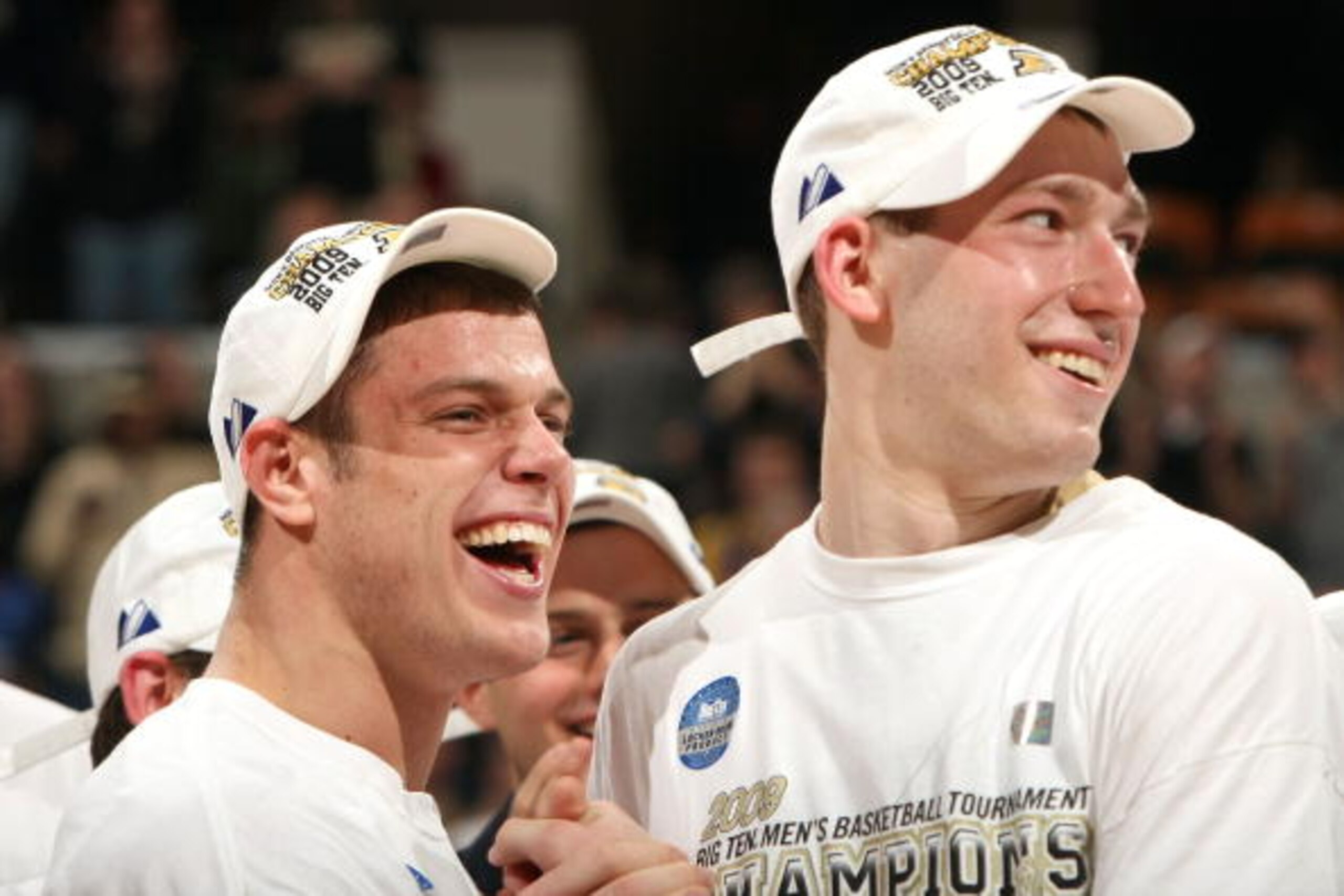 INDIANAPOLIS - MARCH 15:  Chris Kramer #3 (L) and Robbie Hummel #4 (tournament Most Outstanding player) of the Purdue Boilermakers celebrate after their 65-61 win against the Ohio State Buckeyes during the final of the Big Ten Men's Basketball Tournament 