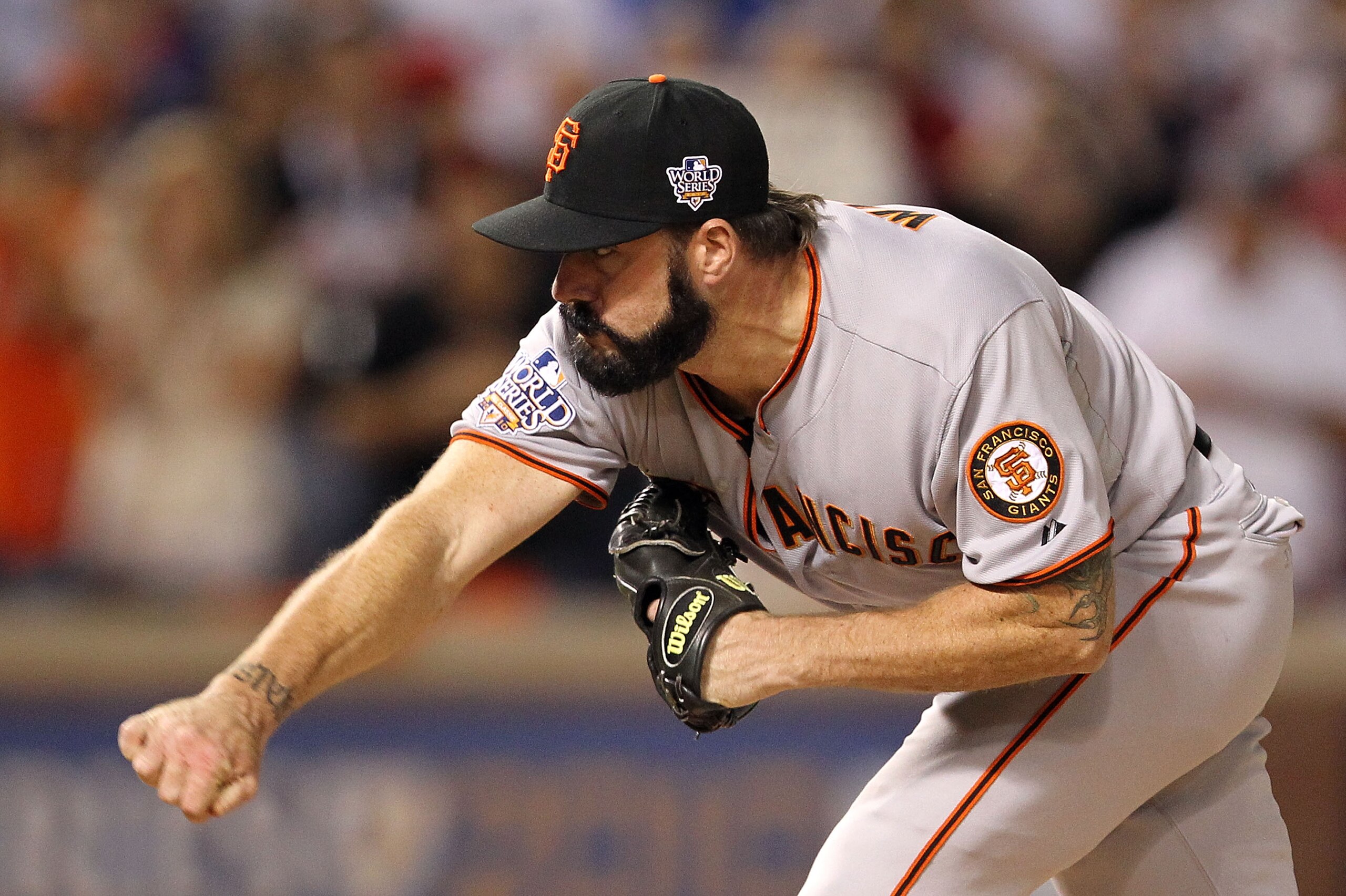 ARLINGTON, TX - NOVEMBER 01:  Brian Wilson #38 of the San Francisco Giants pitches against the Texas Rangers in Game Five of the 2010 MLB World Series at Rangers Ballpark in Arlington on November 1, 2010 in Arlington, Texas. The Giants won 3-1. (Photo by