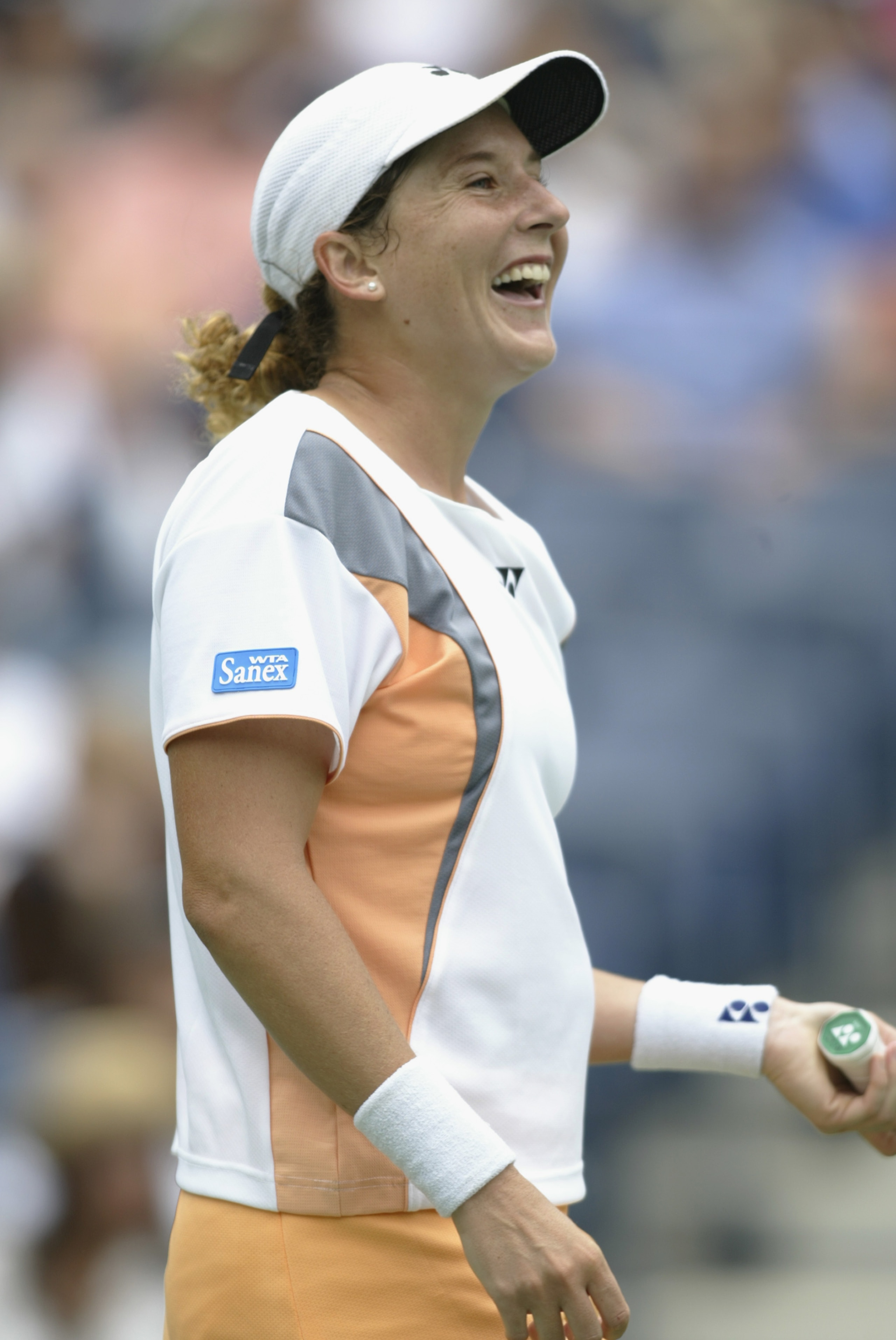 FLUSHING, NY - AUGUST 31:  Monica Seles of the USA celebrates while playing Yoon Jeong Cho of Korea during the US Open at the USTA National Tennis Center on August 31, 2002 in Flushing Meadows-Corona Park, New York.  (Photo by Gary M. Prior/Getty Images)