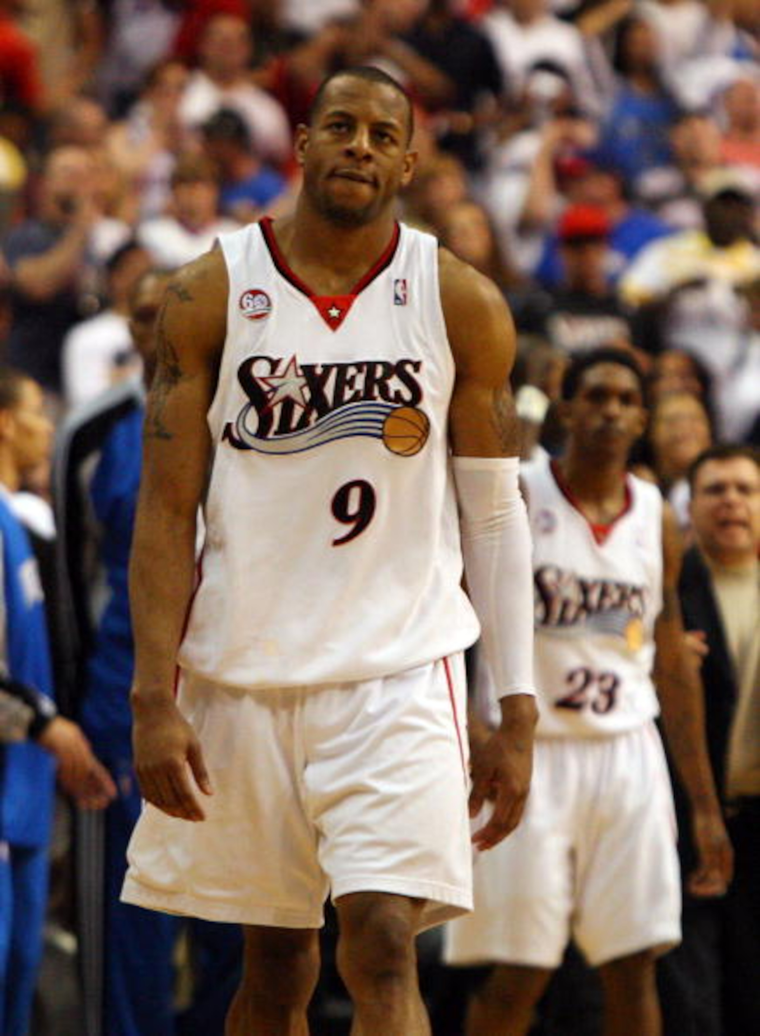 PHILADELPHIA - APRIL 26:  Andre Iguodala #9 of the Philadelphia 76ers looks on after missing a potential game tying shot at the buzzer against the Orlando Magic during Game Four of the Eastern Conference Quarterfinals during the 2009 NBA Playoffs at the W