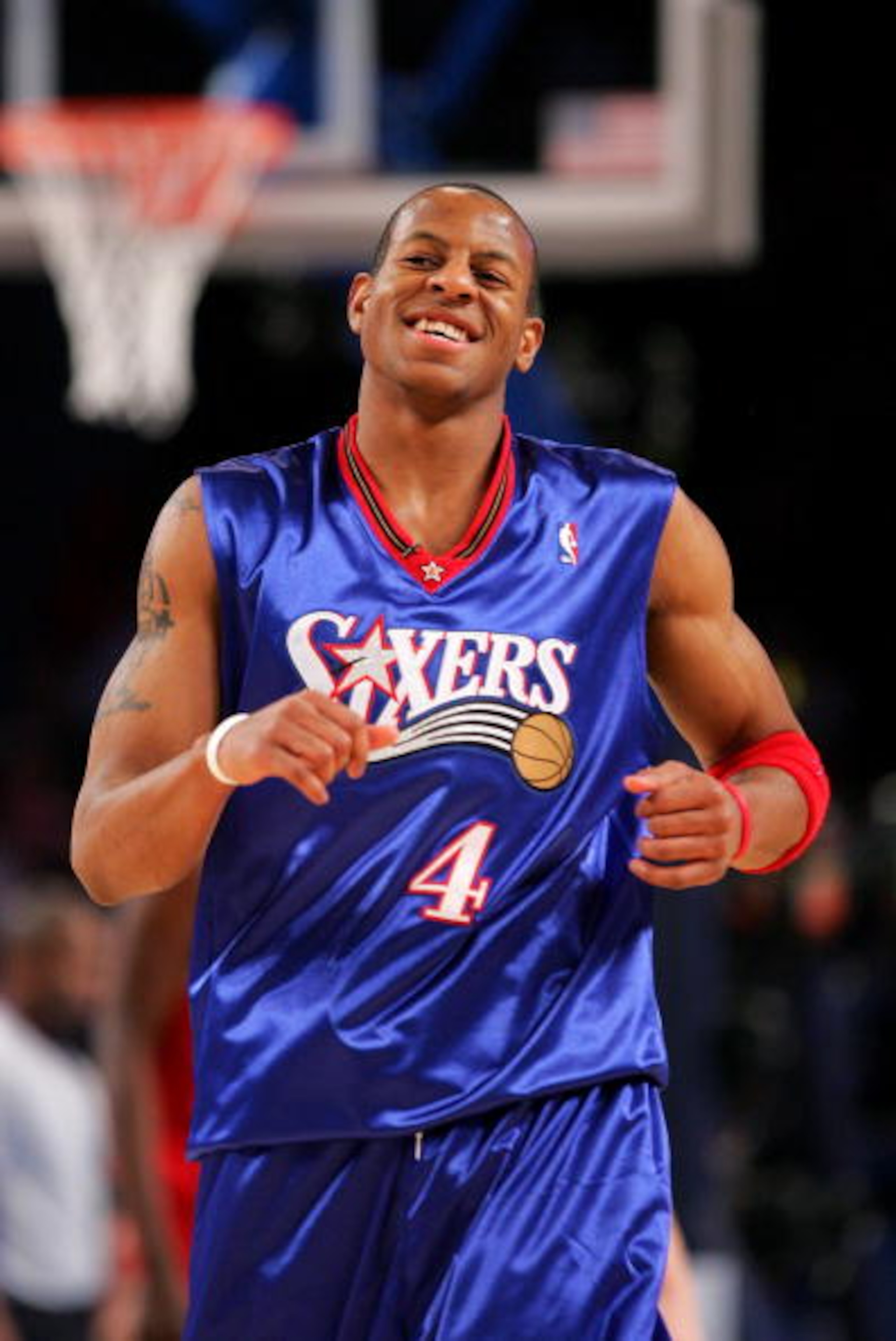 DENVER - FEBRUARY 18:  Andre Iguodala #4 of the Rookie Team smiles during the game against the Sophomore Team in the got milk? Rookie Challenge, part of 2005 NBA All-Star Weekend at Pepsi Center on February 18, 2005 in Denver, Colorado.  NOTE TO USER: Use