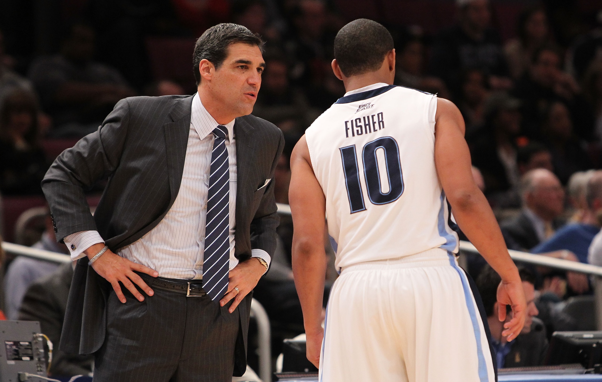 NEW YORK - NOVEMBER 26: Head coach of the Villanova Wildcats, Jay Wright talks with Corey Fisher #10 against the Tennessee Volunteers during the Championship game at Madison Square Garden on November 26, 2010 in New York City. (Photo by Nick Laham/Getty NEW YORK - NOVEMBER 26: Head coach of the Villanova Wildcats, Jay Wright talks with Corey Fisher #10 against the Tennessee Volunteers during the Championship game at Madison Square Garden on November 26, 2010 in New York City. (Photo by Nick Laham/Getty