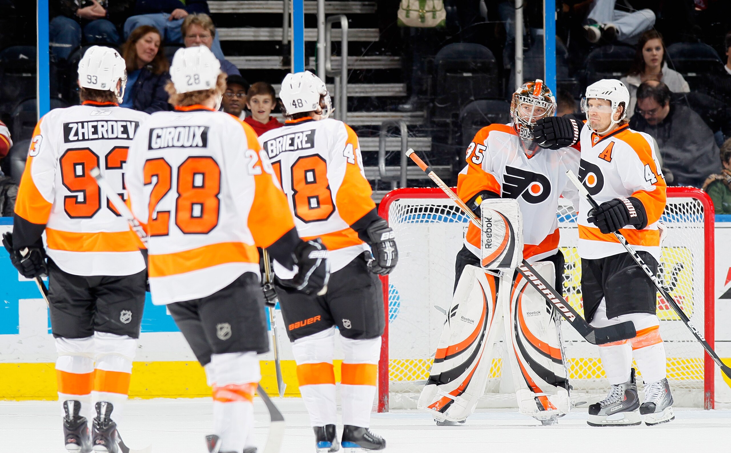 ATLANTA, GA - JANUARY 14:  Goaltender Sergei Bobrovsky #35 and Kimmo Timonen #44 of the Philadelphia Flyers celebrate with teammates after their 5-2 win over the Atlanta Thrashers at Philips Arena on January 14, 2011 in Atlanta, Georgia.  (Photo by Kevin