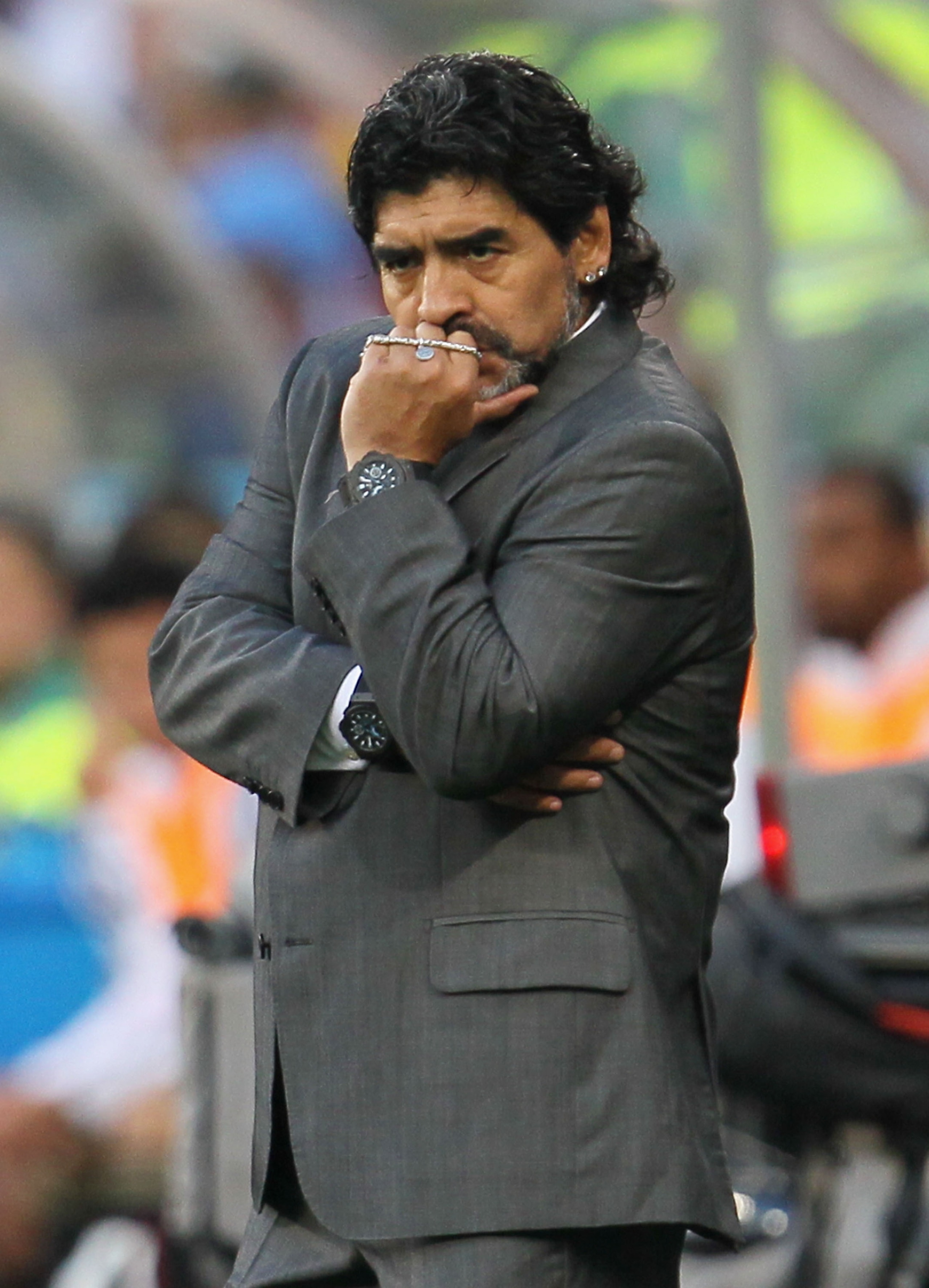 CAPE TOWN, SOUTH AFRICA - JULY 03:  Diego Maradona head coach of Argentina looks on dejected during the 2010 FIFA World Cup South Africa Quarter Final match between Argentina and Germany at Green Point Stadium on July 3, 2010 in Cape Town, South Africa.