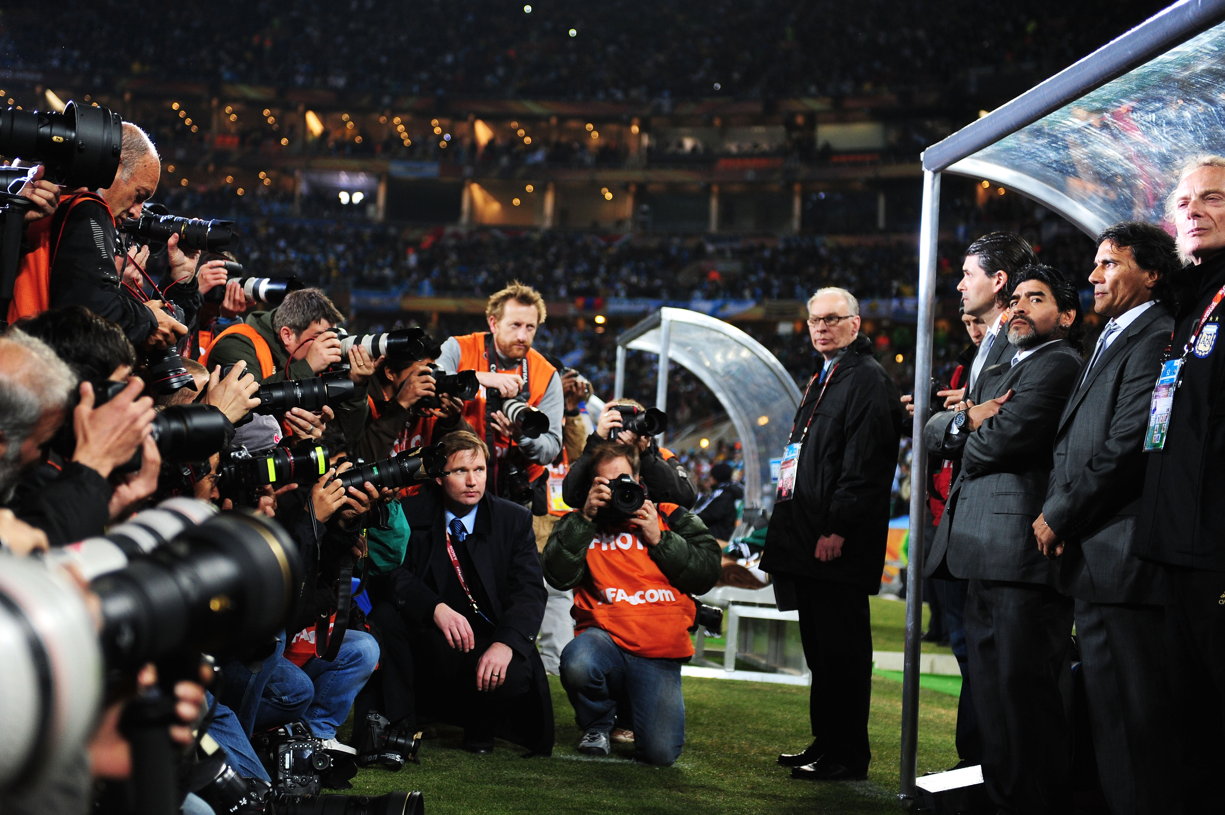 JOHANNESBURG, SOUTH AFRICA - JUNE 27:  Diego Maradona head coach of Argentina with the media ahead of the 2010 FIFA World Cup South Africa Round of Sixteen match between Argentina and Mexico at Soccer City Stadium on June 27, 2010 in Johannesburg, South A