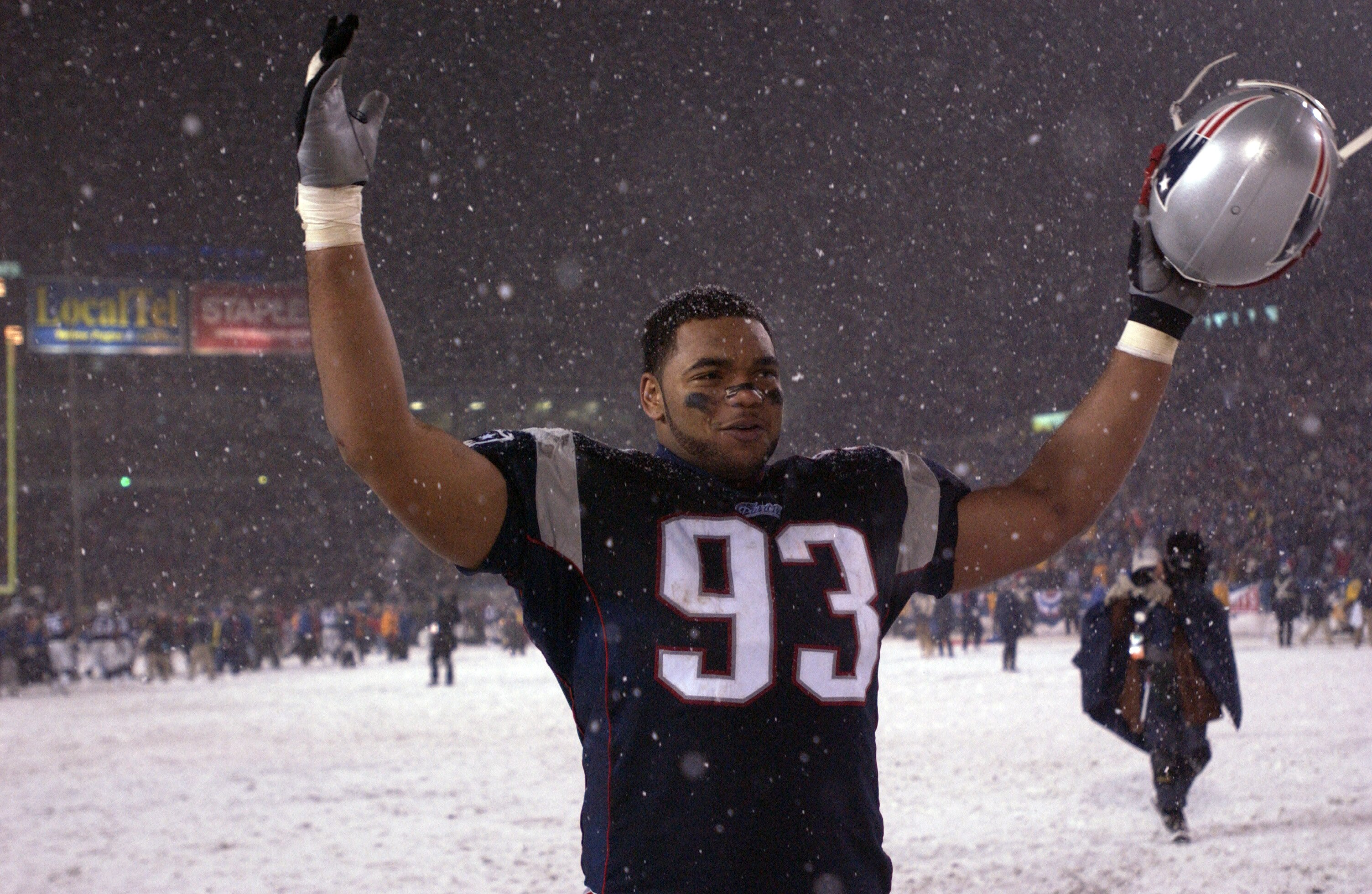 19 Jan 2002:  Richard Seymour #93 of the New England Patriots celebrates during the AFC playoff game against  the Oakland Raidersat Foxboro Stadium in Foxboro, Massachuesetts. The Patriots came from behind to win 16-13 in overtime. Digital Image Mandatory