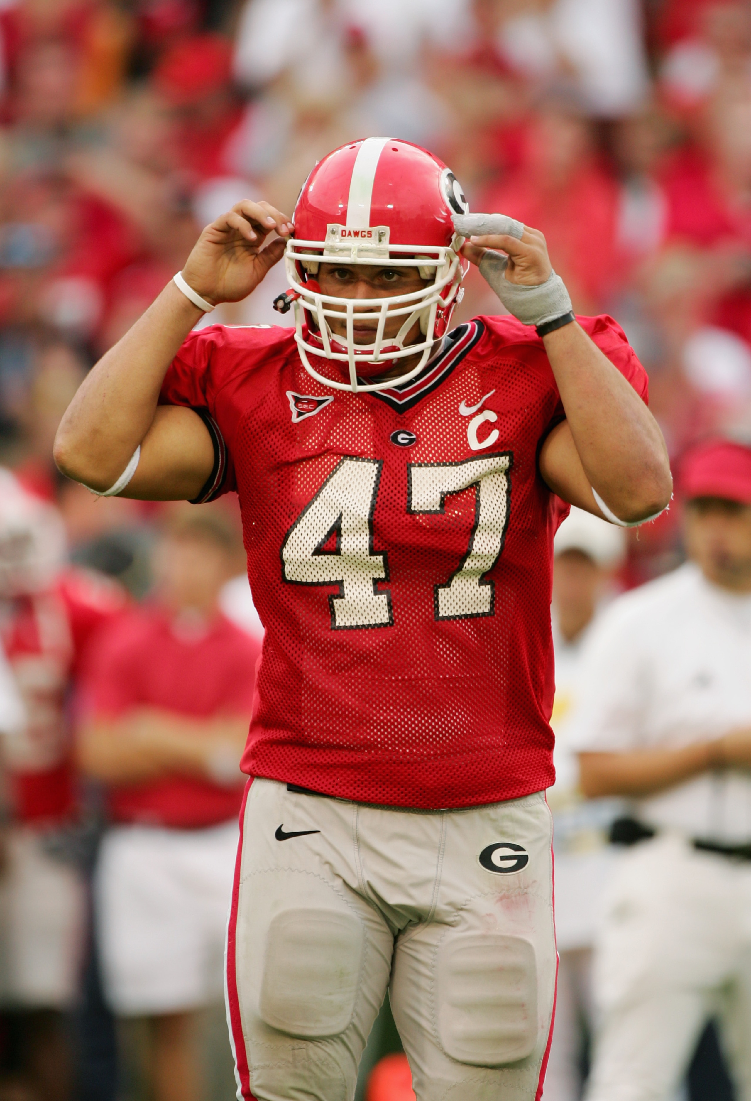 ATHENS, GA - OCTOBER 9:  David Pollack #47 of the Georgia Bulldogs looks on against the Tennessee Volunteers at Sanford Stadium on October 9, 2004 in Athens, Georgia.  Tennessee won 19-14.  (Photo by Scott Halleran/Getty Images)