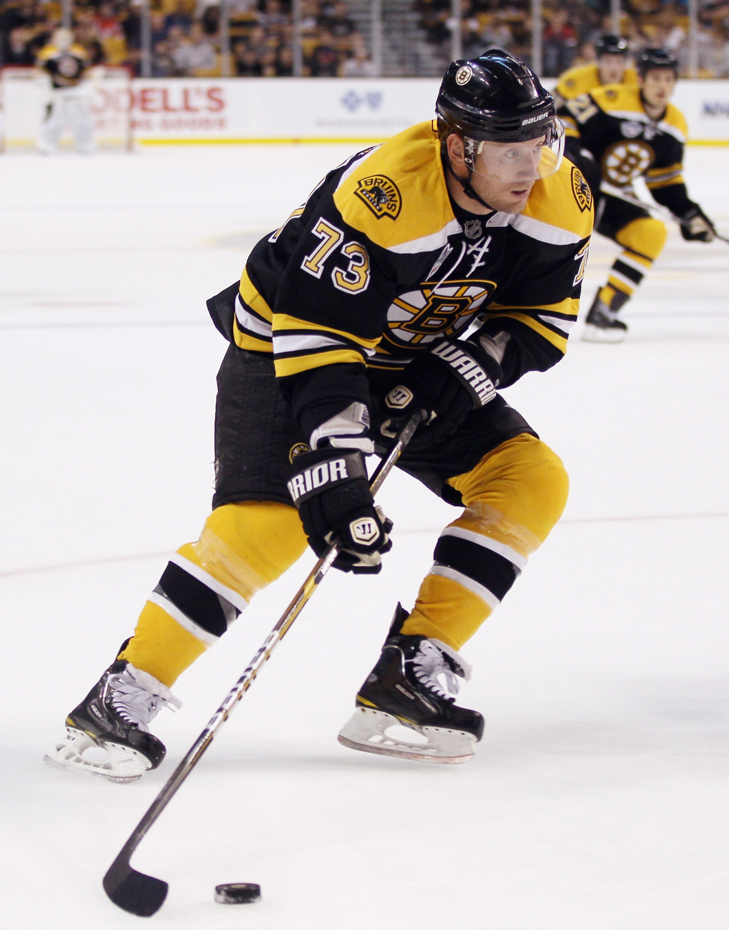 BOSTON - SEPTEMBER 29:  Michael Ryder #73 of the Boston Bruins takes the puck in the third period against the Washington Capitals on September 29, 2010 at the TD Garden in Boston, Massachusetts. The Capitals defeated the Bruins 4-1.  (Photo by Elsa/Getty