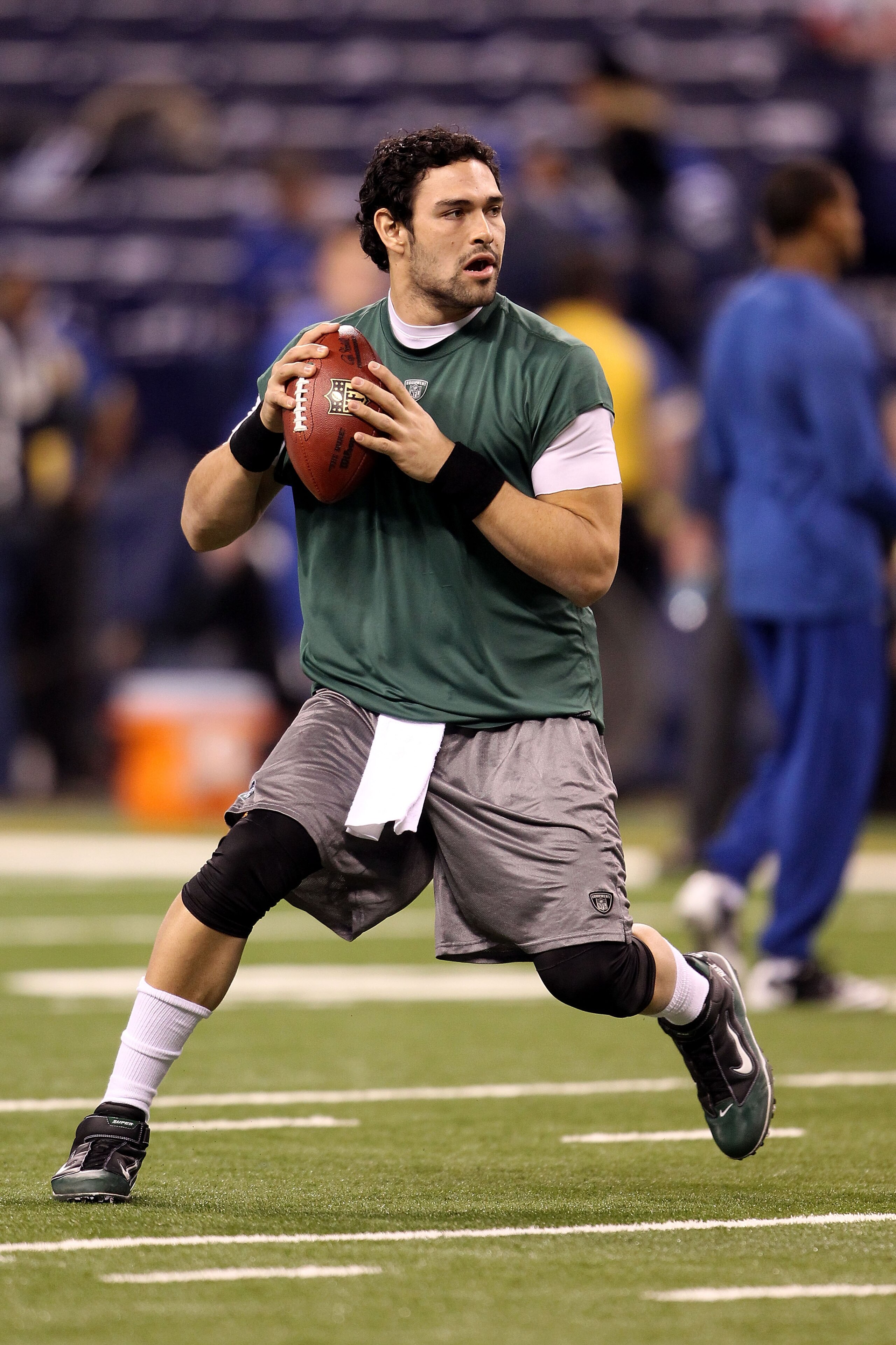 INDIANAPOLIS, IN - JANUARY 08:  Quarterback Mark Sanchez #6 of the New York Jets warms up against the Indianapolis Colts during their 2011 AFC wild card playoff game at Lucas Oil Stadium on January 8, 2011 in Indianapolis, Indiana.  (Photo by Andy Lyons/G