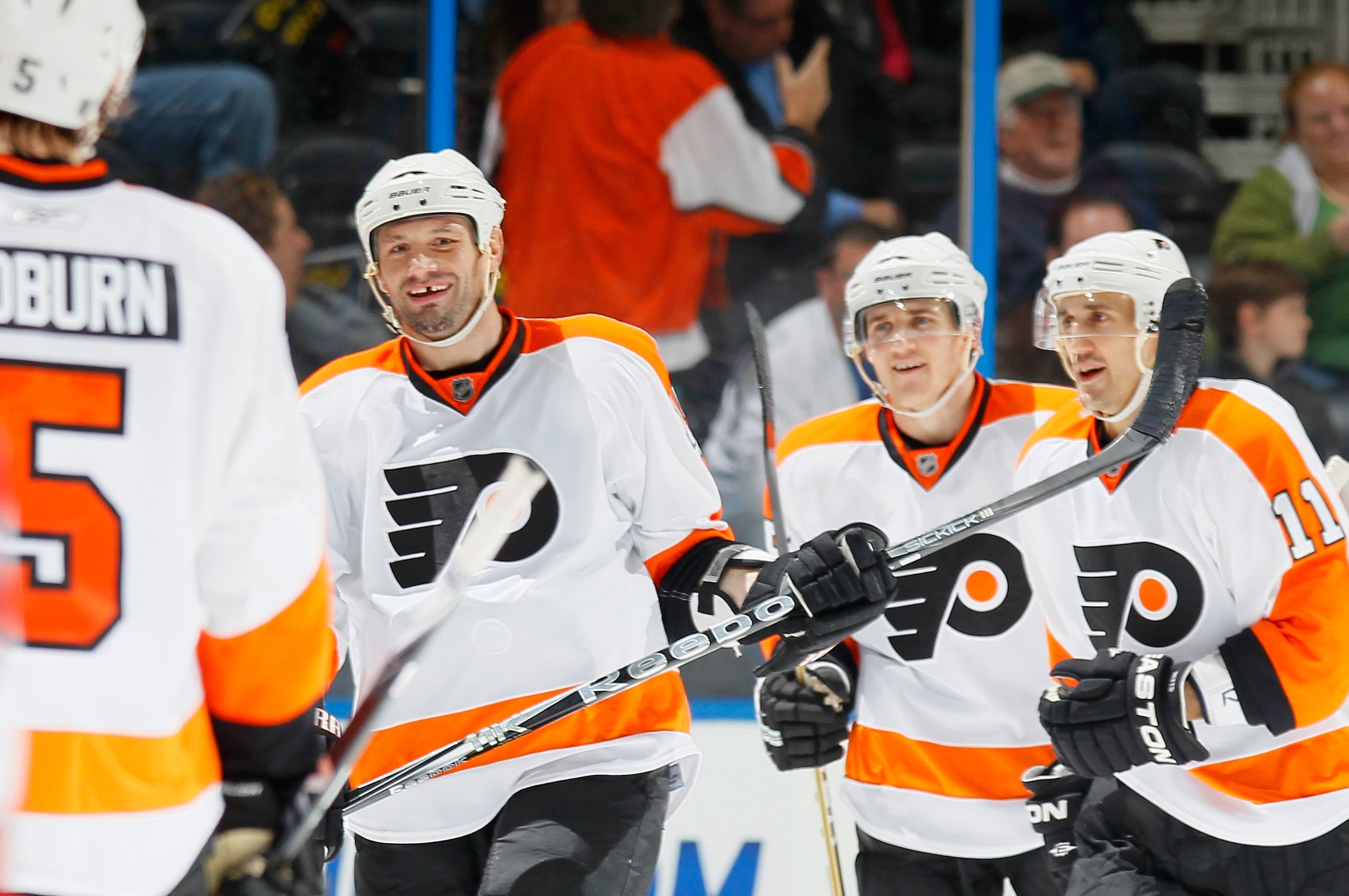 ATLANTA, GA - JANUARY 14:  Jody Shelley #45 of the Philadelphia Flyers reacts after scoring a goal against the Atlanta Thrashers at Philips Arena on January 14, 2011 in Atlanta, Georgia.  (Photo by Kevin C. Cox/Getty Images)