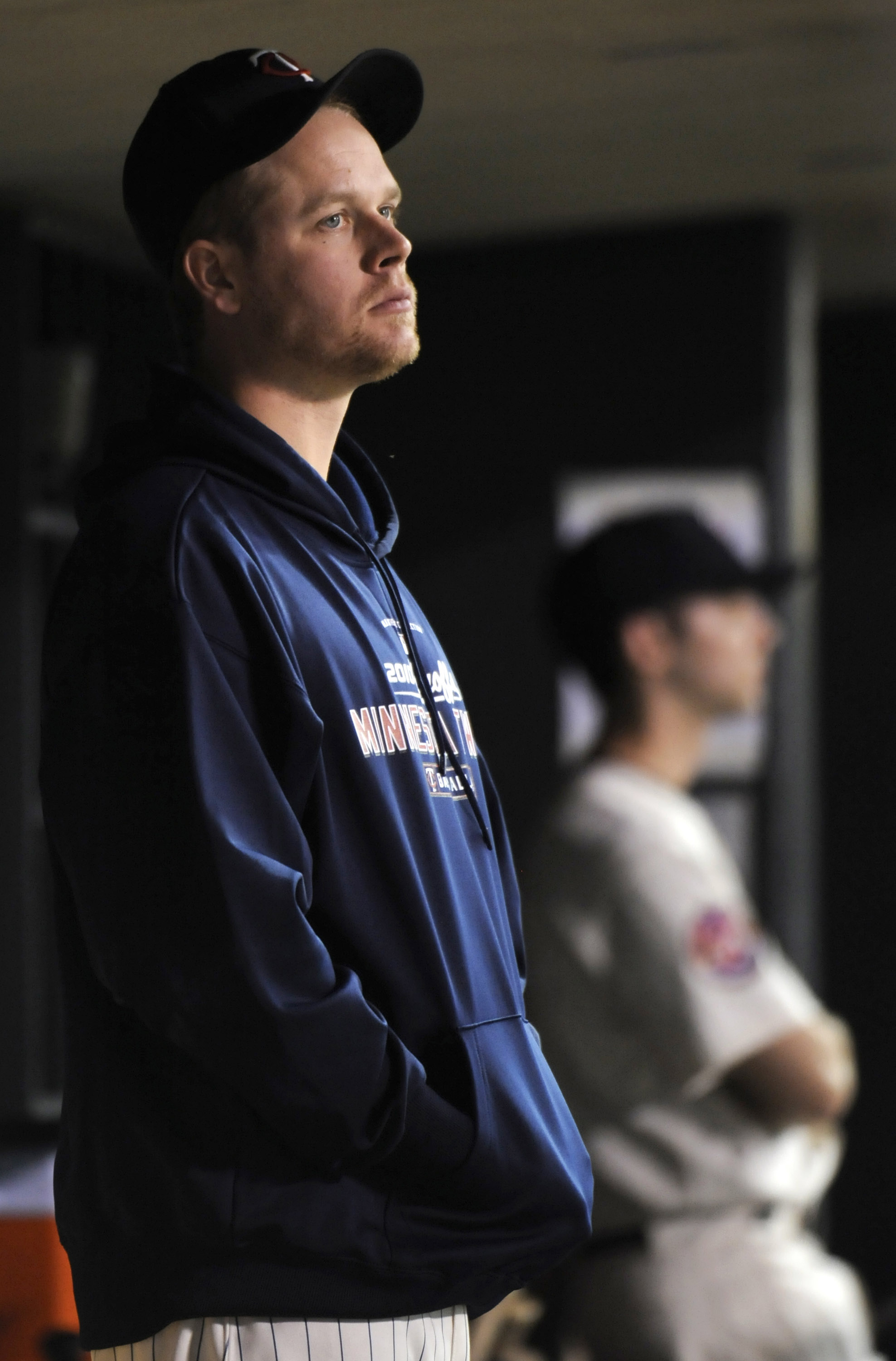 MINNEAPOLIS, MN - OCTOBER 7: Justin Morneau #33 of the Minnesota Twins in the dugout during game two of the ALDS game against the New York Yankees on October 7, 2010 at Target Field in Minneapolis, Minnesota. (Photo by Hannah Foslien /Getty Images)