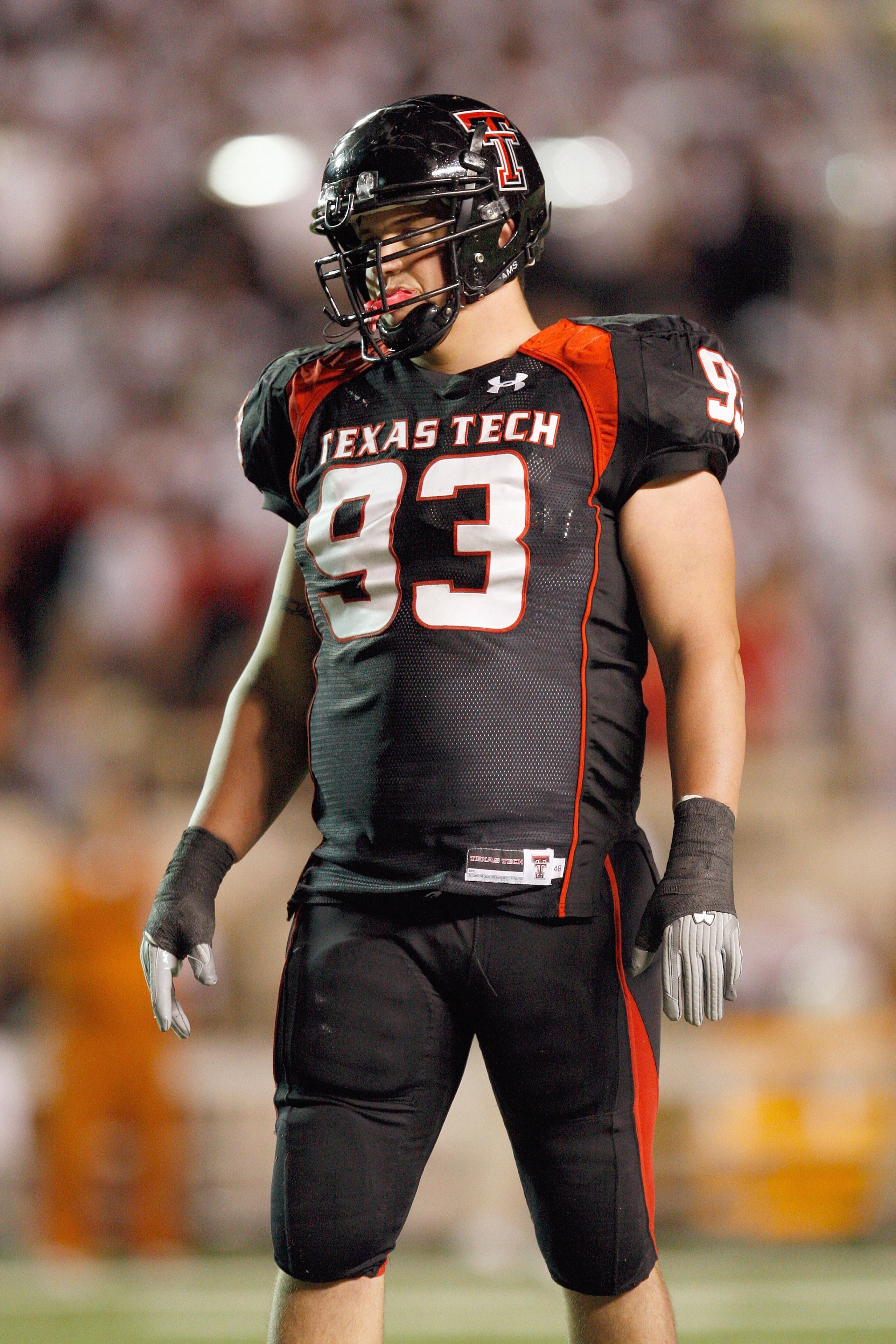 LUBBOCK, TEXAS - NOVEMBER 1:  Colby Whitlock #93 of the Texas Tech Red Raiders stands on the field during the game against the Texas Longhorns on November 1, 2008 at Jones Stadium in Lubbock, Texas. (Photo by: Jamie Squire/Getty Images)