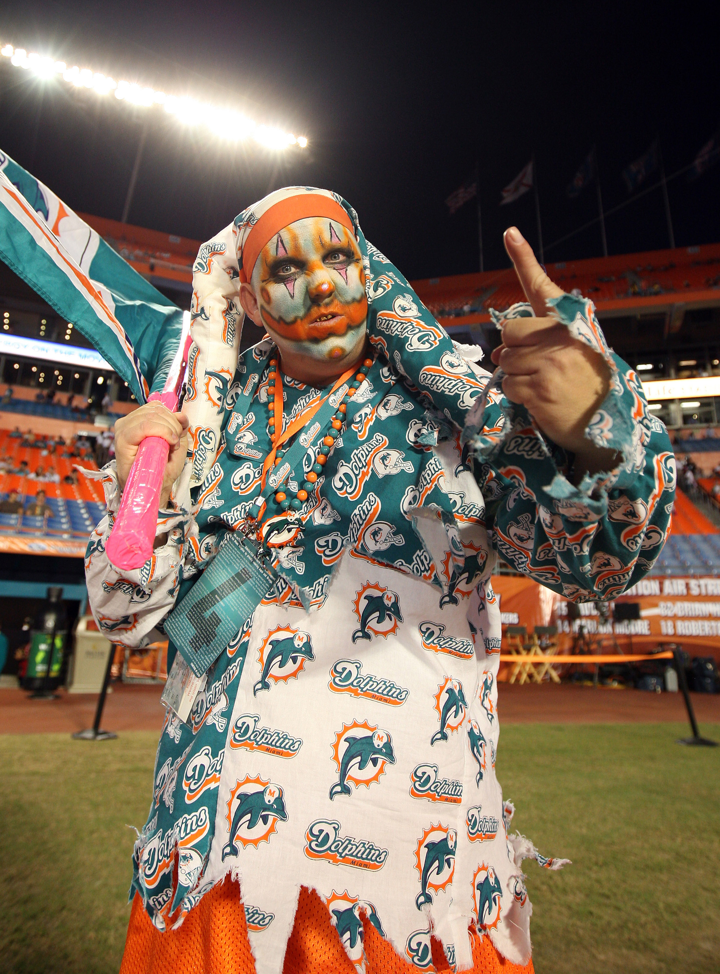MIAMI - OCTOBER 4: A fan of the Miami Dolphins gets set for the game against the New England Patriots at Sun Life Field on October 4, 2010 in Miami, Florida. (Photo by Scott Cunningham/Getty Images)