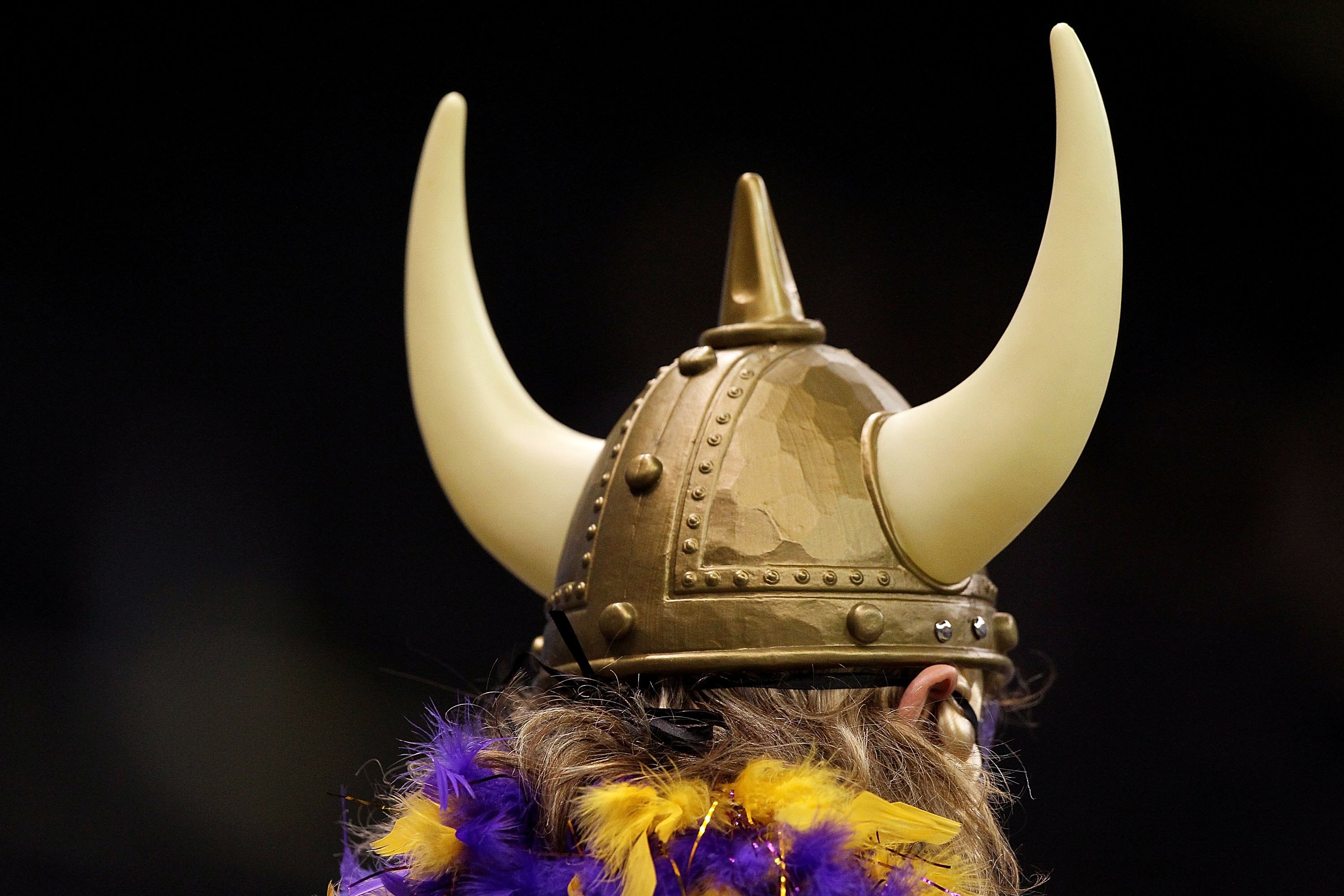 NEW ORLEANS - JANUARY 24:  A rear detail view of a fan of the Minnesota Vikings wearing a viking helmet with horns against the New Orleans Saints during the NFC Championship Game at the Louisiana Superdome on January 24, 2010 in New Orleans, Louisiana.  (