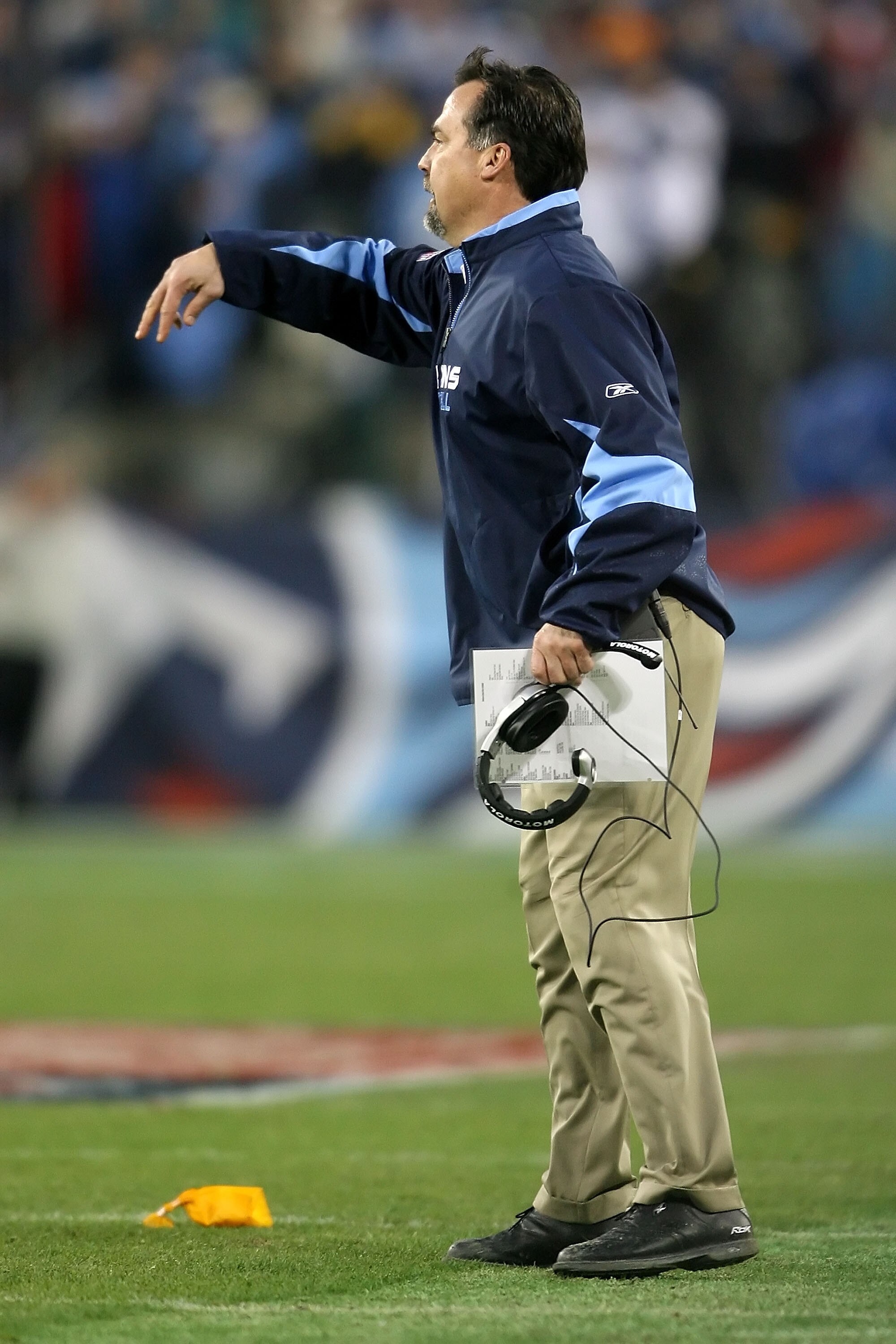 NASHVILLE, TN - JANUARY 10:  Head coach Jeff Fisher of the Tennessee Titans calls out as a flag is thrown in the second quarter against the Baltimore Ravens during the AFC Divisional Playoff Game on January 10, 2009 at LP Field in Nashville, Tennessee.  (