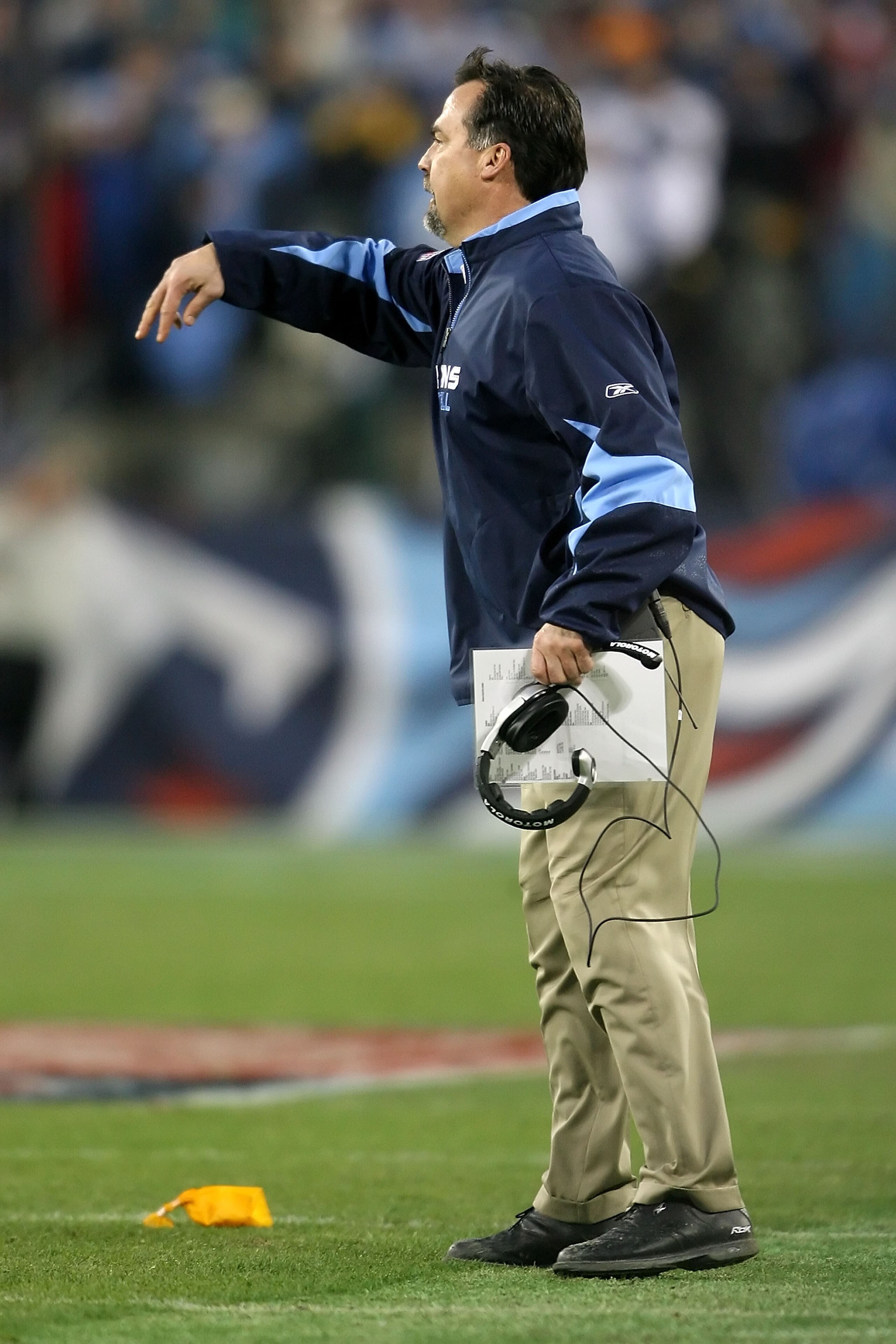 NASHVILLE, TN - JANUARY 10:  Head coach Jeff Fisher of the Tennessee Titans calls out as a flag is thrown in the second quarter against the Baltimore Ravens during the AFC Divisional Playoff Game on January 10, 2009 at LP Field in Nashville, Tennessee.  (