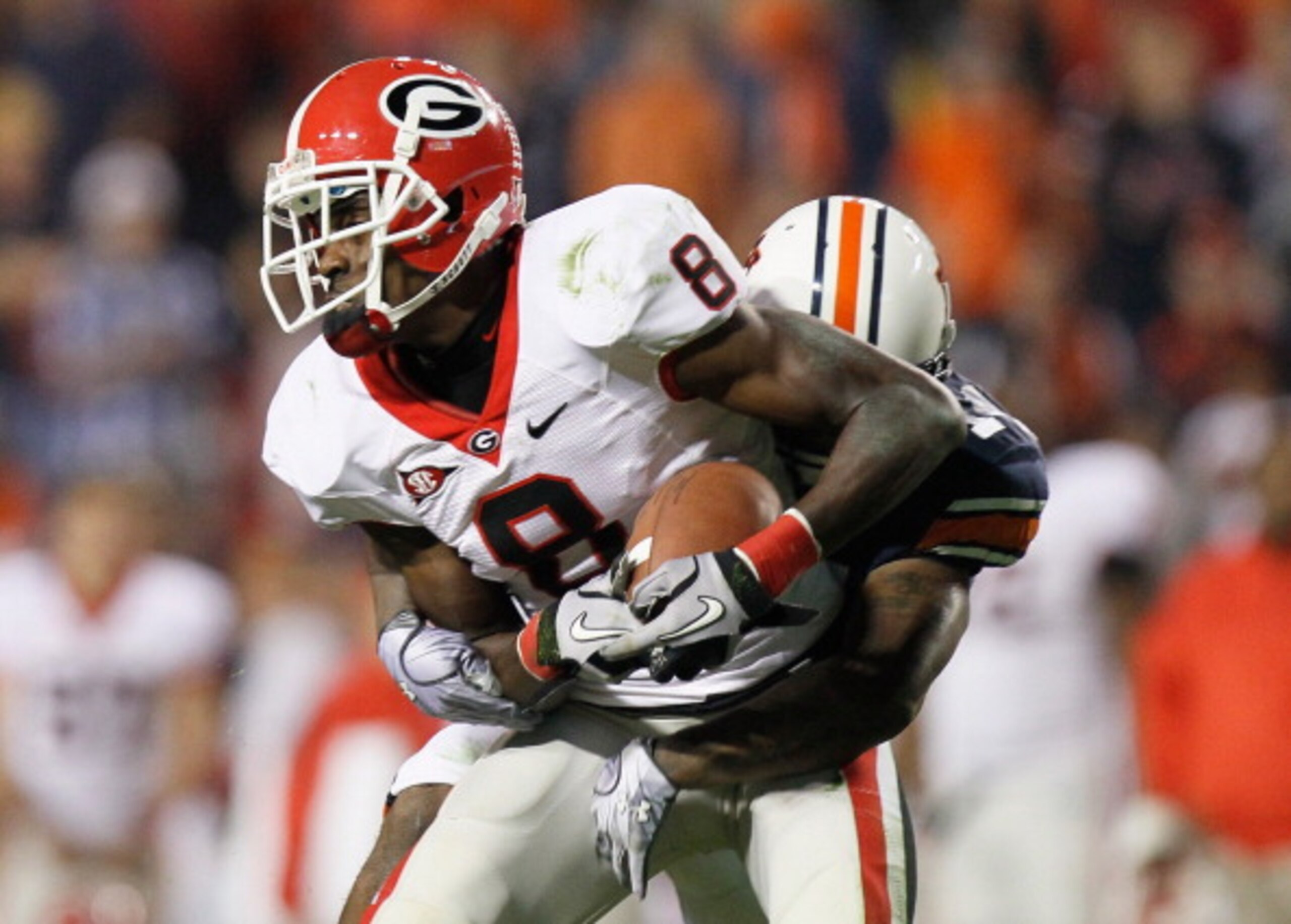 AUBURN, AL - NOVEMBER 13: A.J. Green #8 of the Georgia Bulldogs against the Auburn Tigers at Jordan-Hare Stadium on November 13, 2010 in Auburn, Alabama. (Photo by Kevin C. Cox/Getty Images) AUBURN, AL - NOVEMBER 13: A.J. Green #8 of the Georgia Bulldogs against the Auburn Tigers at Jordan-Hare Stadium on November 13, 2010 in Auburn, Alabama. (Photo by Kevin C. Cox/Getty Images)