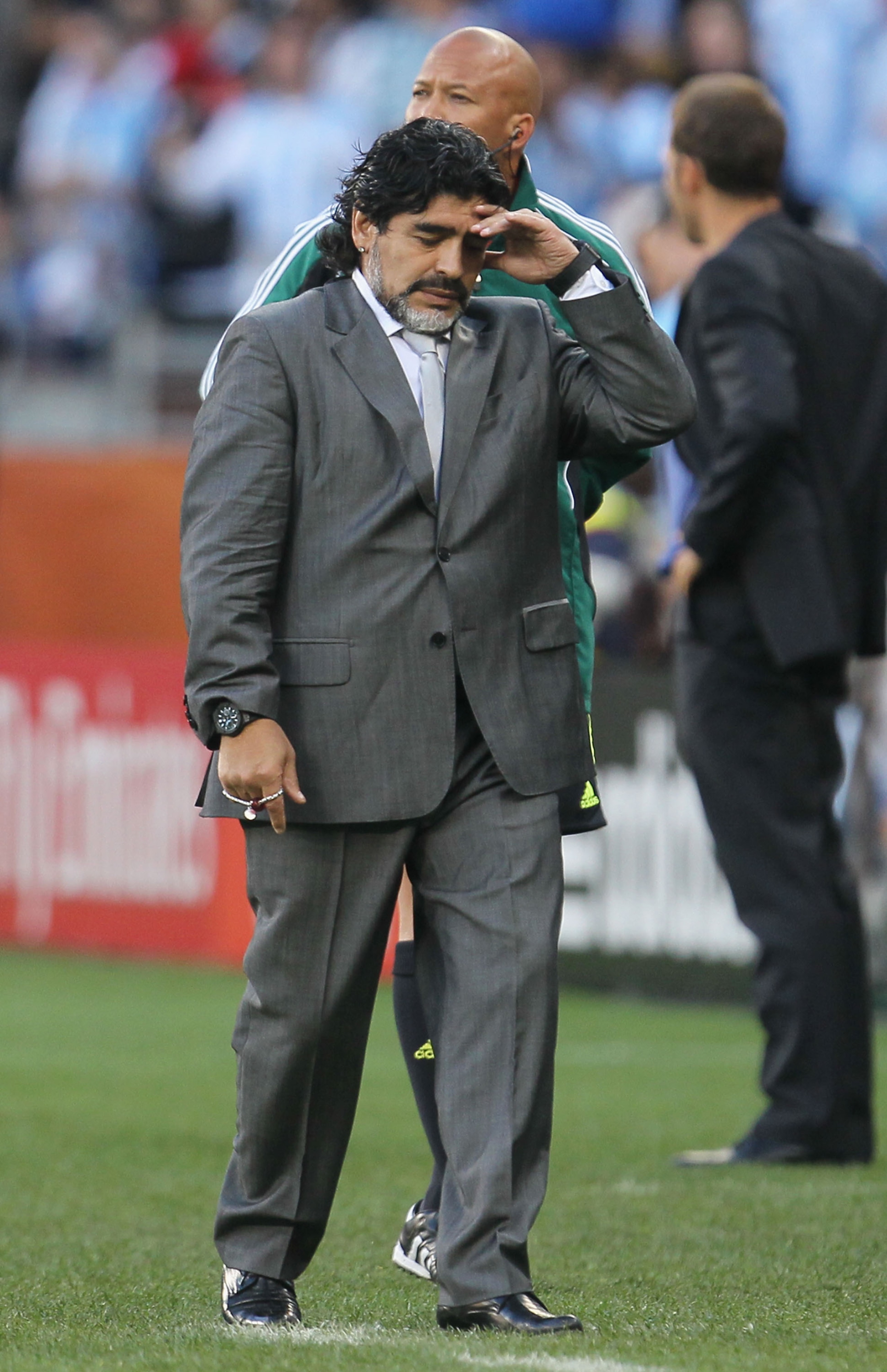 CAPE TOWN, SOUTH AFRICA - JULY 03:  Diego Maradona head coach of Argentina looks frustrated  during the 2010 FIFA World Cup South Africa Quarter Final match between Argentina and Germany at Green Point Stadium on July 3, 2010 in Cape Town, South Africa.