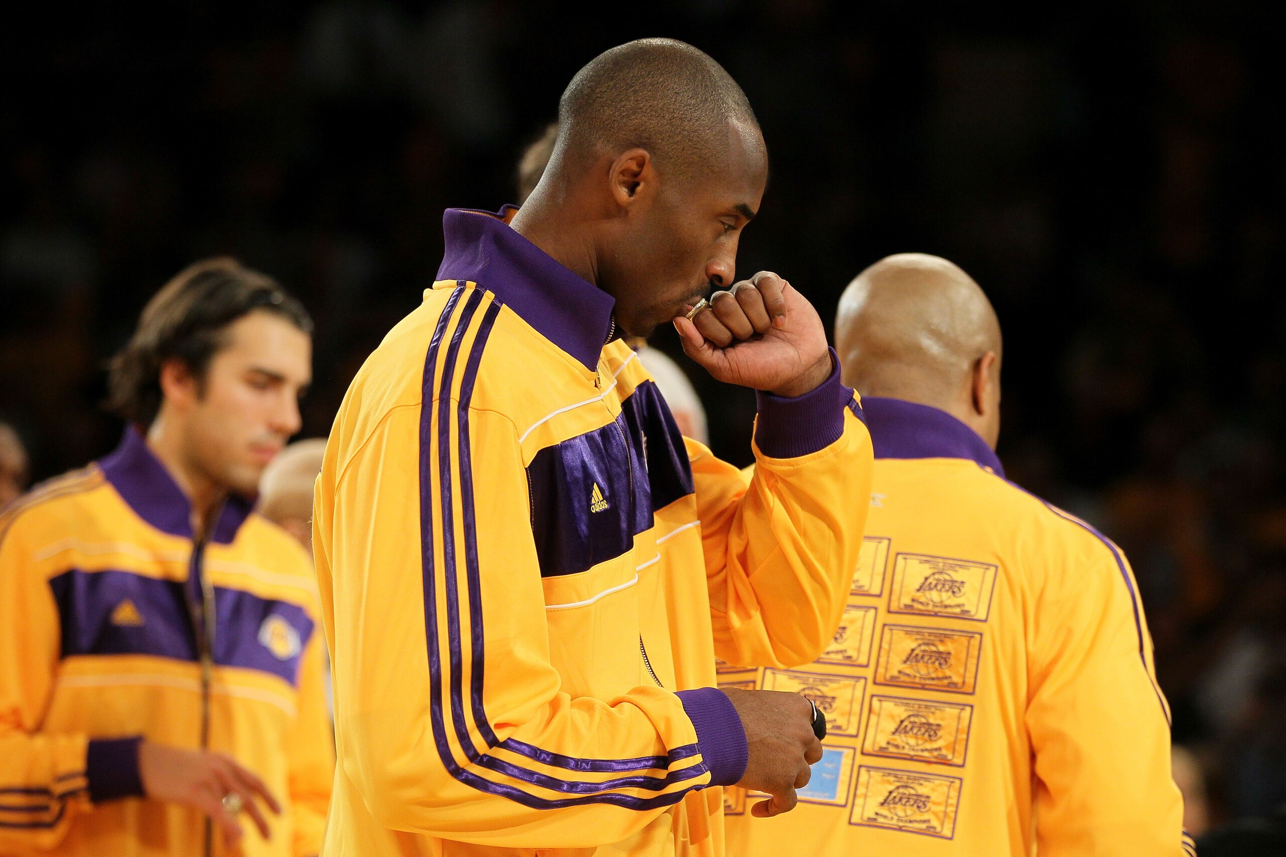 LOS ANGELES, CA - OCTOBER 26:  Kobe Bryant #24 of the Los Angeles Lakers kisses his 2009-2010 Championship Ring after the Lakers were given the rings during a ceremony prior to their opening night game against the Houston Rockets at Staples Center on Octo