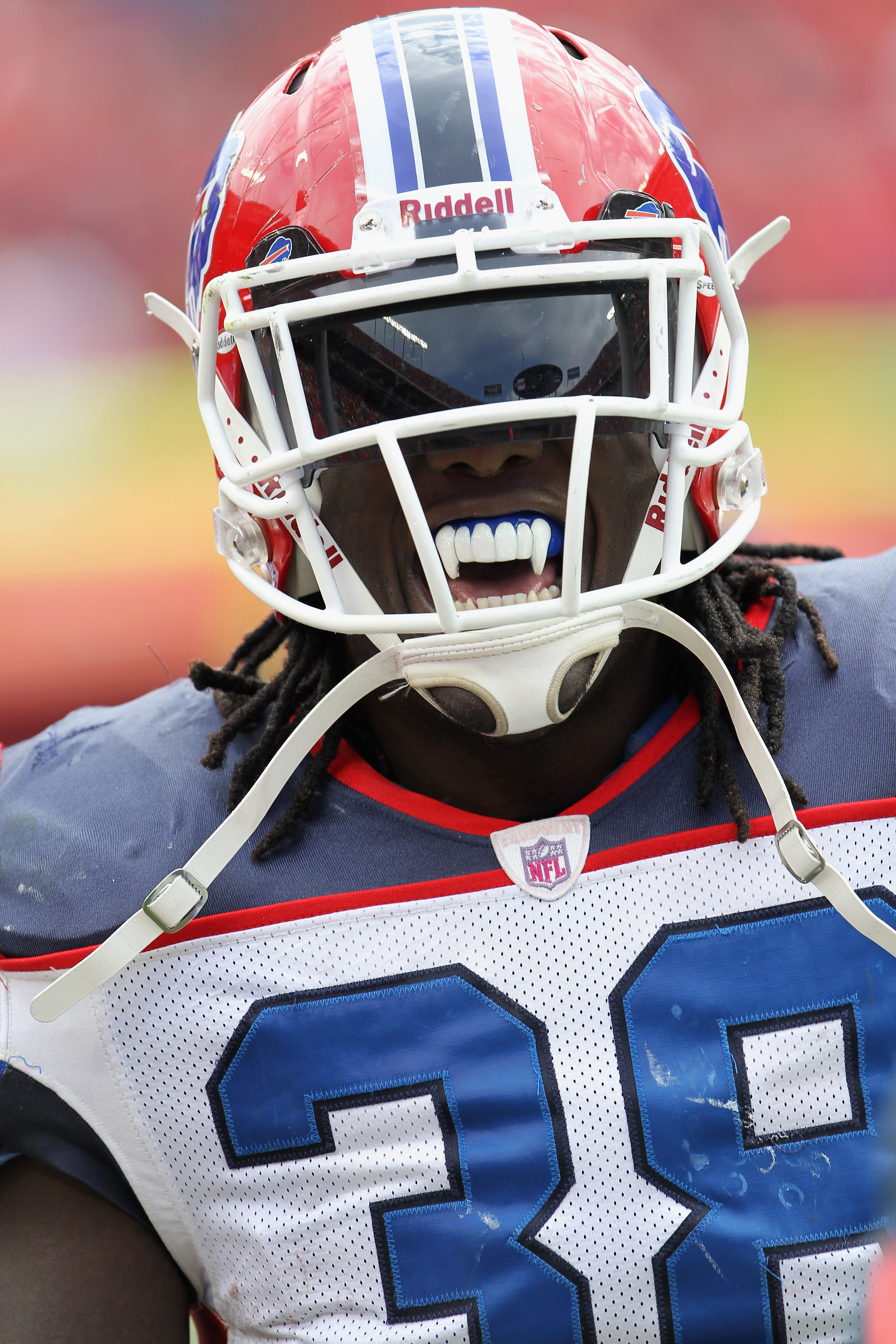 KANSAS CITY, MO - OCTOBER 31:  Running back Corey McIntyre #38 of the Buffalo Bills wears a mouthguard in the shape of vampire fangs during the game against  the Kansas City Chiefs on October 31, 2010  at Arrowhead Stadium in Kansas City, Missouri.  (Phot