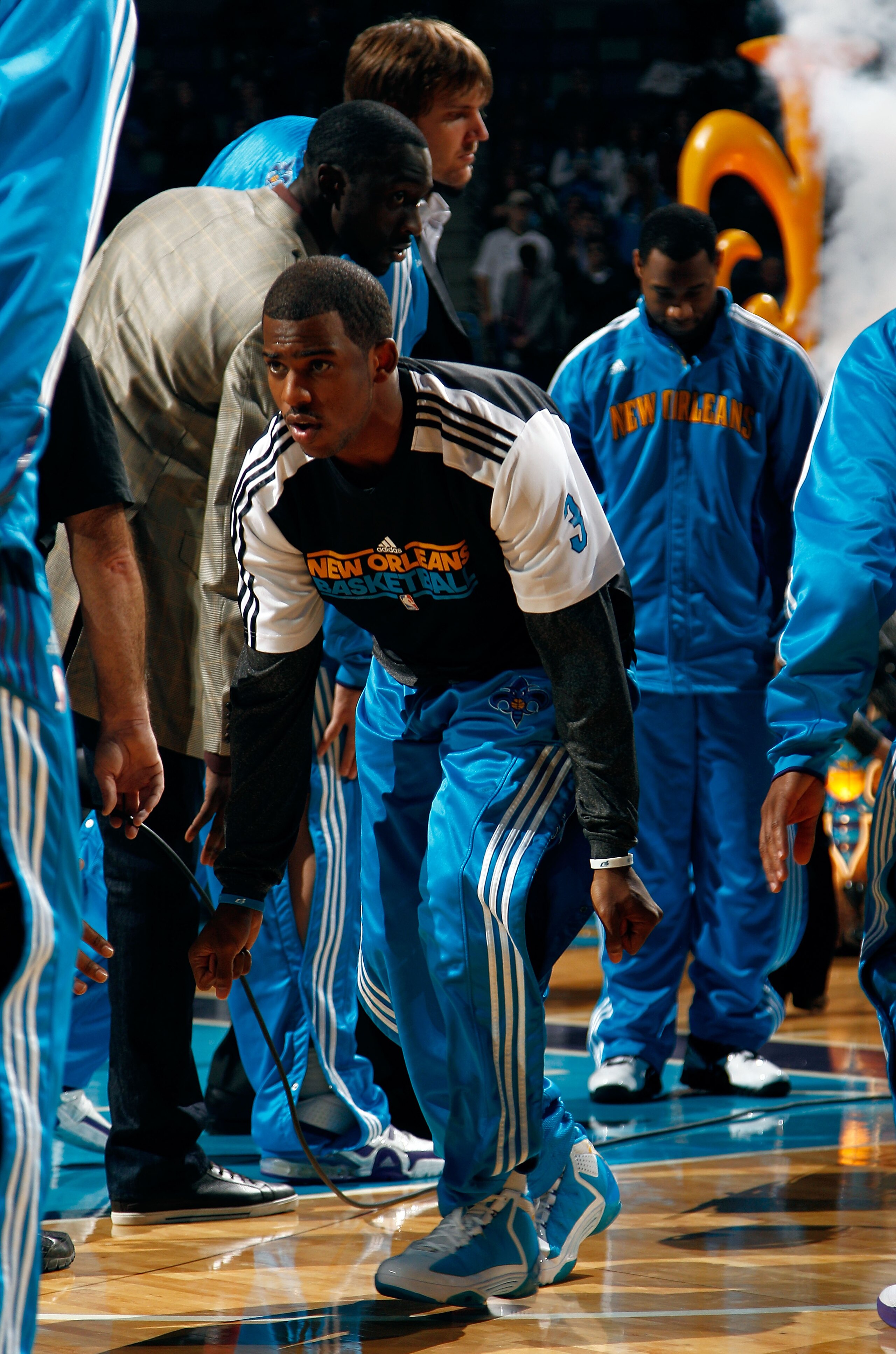 NEW ORLEANS, LA - JANUARY 03:  Chris Paul #3 of the New Orleans Hornets is introduced before taking on the Philadelphia 76ers at New Orleans Arena on January 3, 2011 in New Orleans, Louisiana. NOTE TO USER: User expressly acknowledges and agrees that, by 