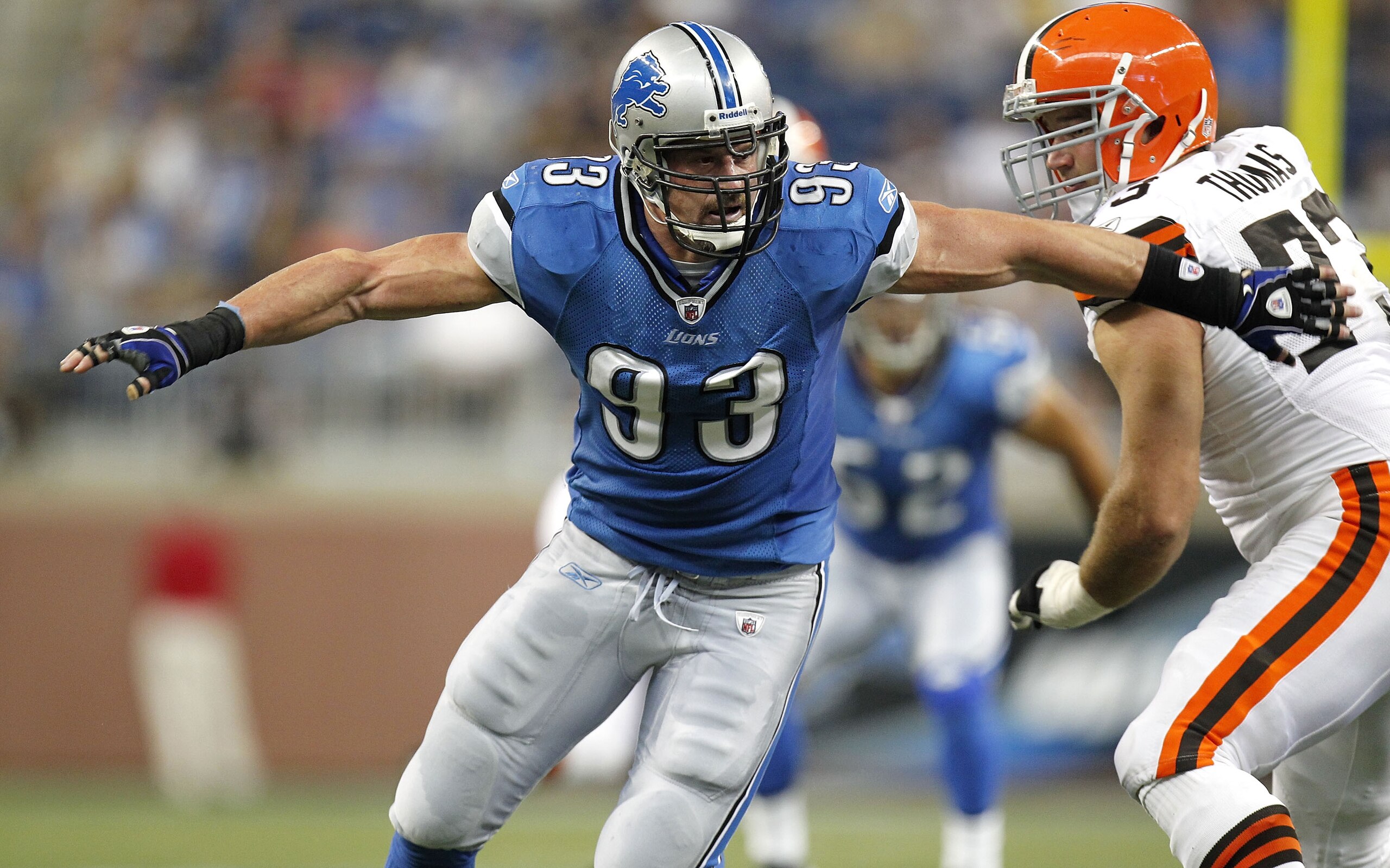DETROIT - AUGUST 28: Kyle Vanden Bosch #93 of the Detroit Lions tries to get around Joe Thomas #73 during a preseason game on August 28, 2010 at Ford Field in Detroit, Michigan. (Photo by Gregory Shamus/Getty Images) DETROIT - AUGUST 28: Kyle Vanden Bosch #93 of the Detroit Lions tries to get around Joe Thomas #73 during a preseason game on August 28, 2010 at Ford Field in Detroit, Michigan. (Photo by Gregory Shamus/Getty Images)