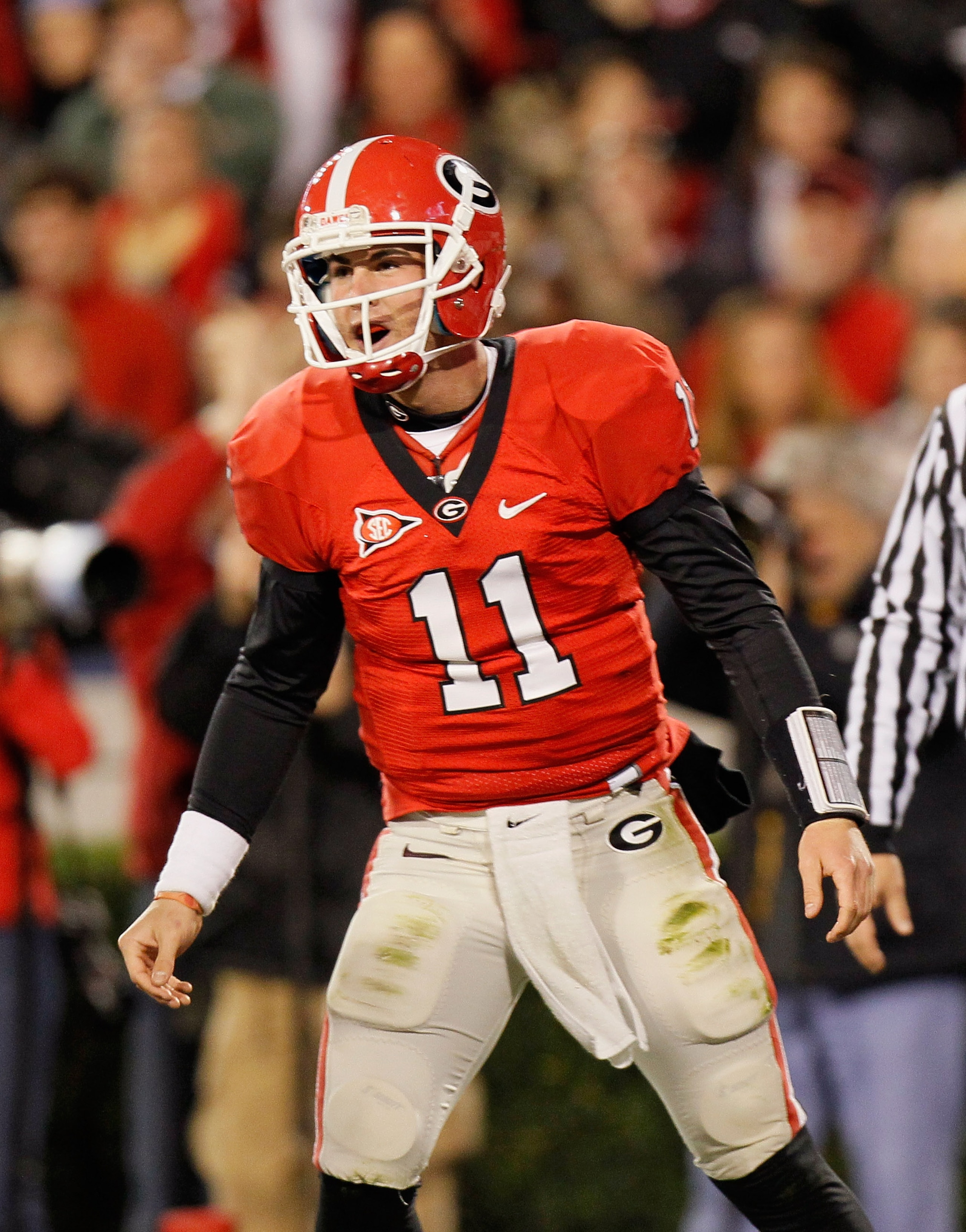 ATHENS, GA - NOVEMBER 27:  Quarterback Aaron Murray #11 of the Georgia Bulldogs reacts after tossing a touchdown pass against the Georgia Tech Yellow Jackets at Sanford Stadium on November 27, 2010 in Athens, Georgia.  (Photo by Kevin C. Cox/Getty Images)