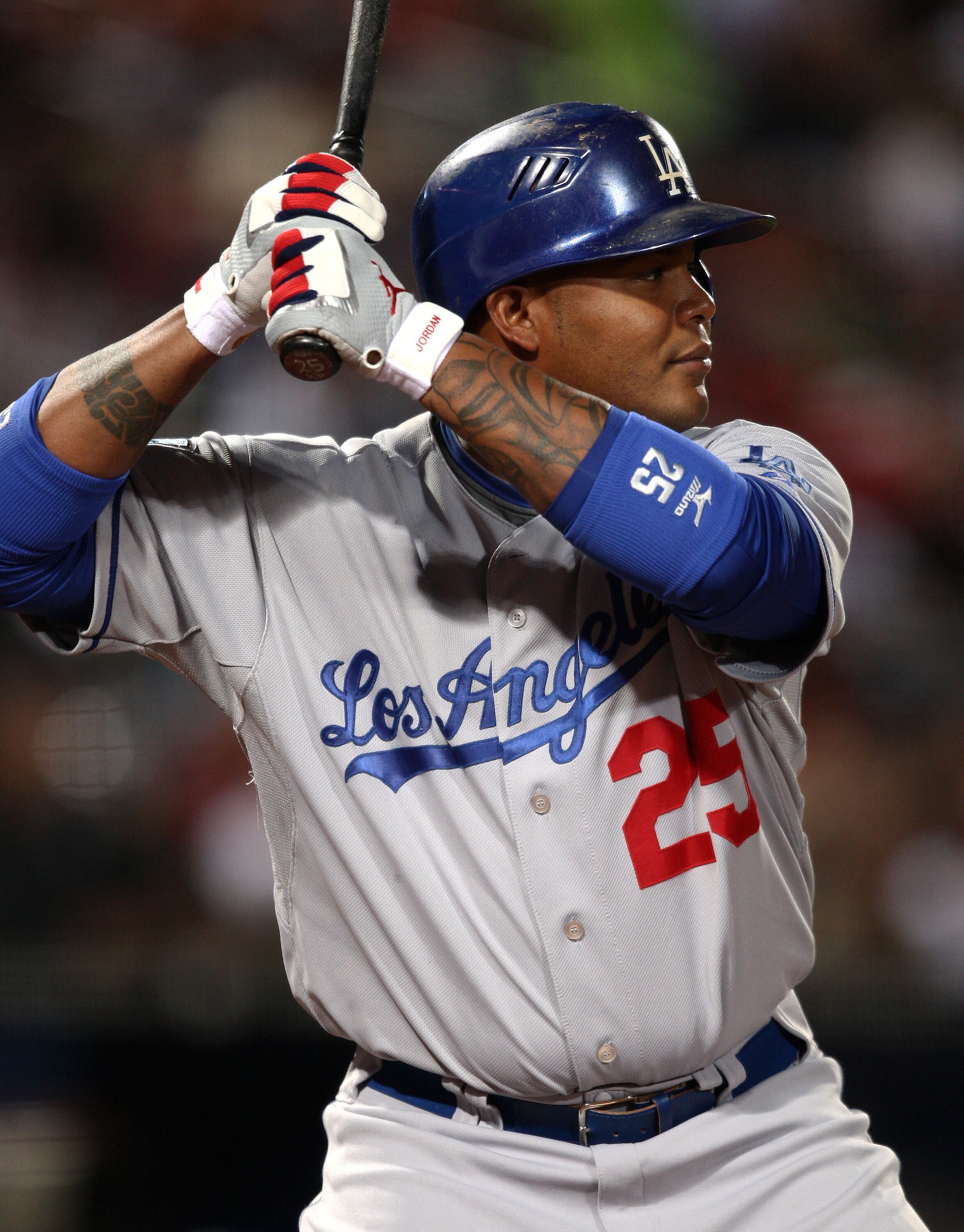 ATLANTA - APRIL 18: Centerfielder Andruw Jones #25 of the Los Angeles Dodgers gets set to hit during his at-bat in the game against the Atlanta Braves on April 18, 2008 at Turner Field in Atlanta, Georgia.  The game was Andruw Jones' first time back to Tu