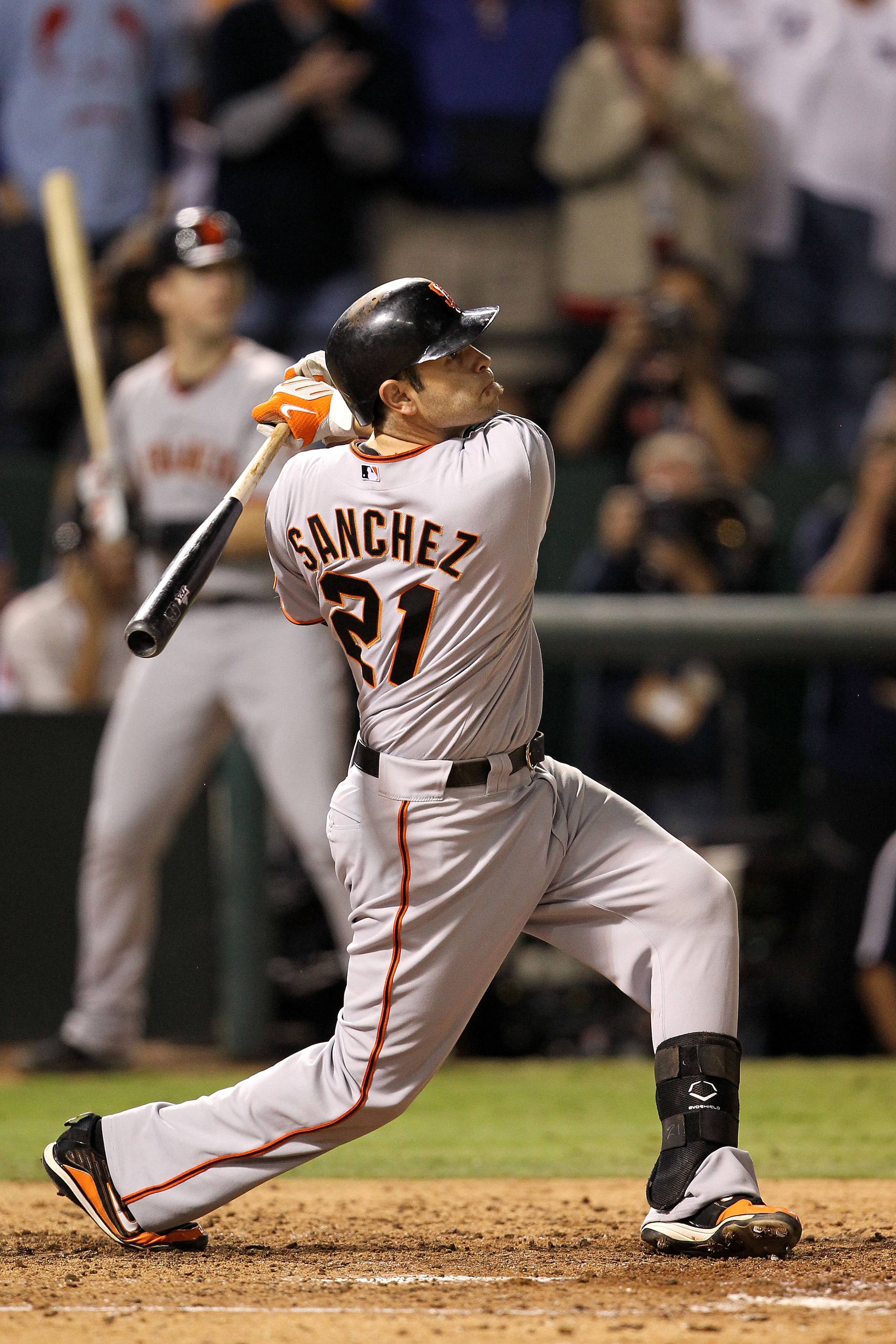 ARLINGTON, TX - NOVEMBER 01: Freddy Sanchez #21 of the San Francisco Giants singles in the sixth inning against the Texas Rangers in Game Five of the 2010 MLB World Series at Rangers Ballpark in Arlington on November 1, 2010 in Arlington, Texas. The Gian ARLINGTON, TX - NOVEMBER 01: Freddy Sanchez #21 of the San Francisco Giants singles in the sixth inning against the Texas Rangers in Game Five of the 2010 MLB World Series at Rangers Ballpark in Arlington on November 1, 2010 in Arlington, Texas. The Gian