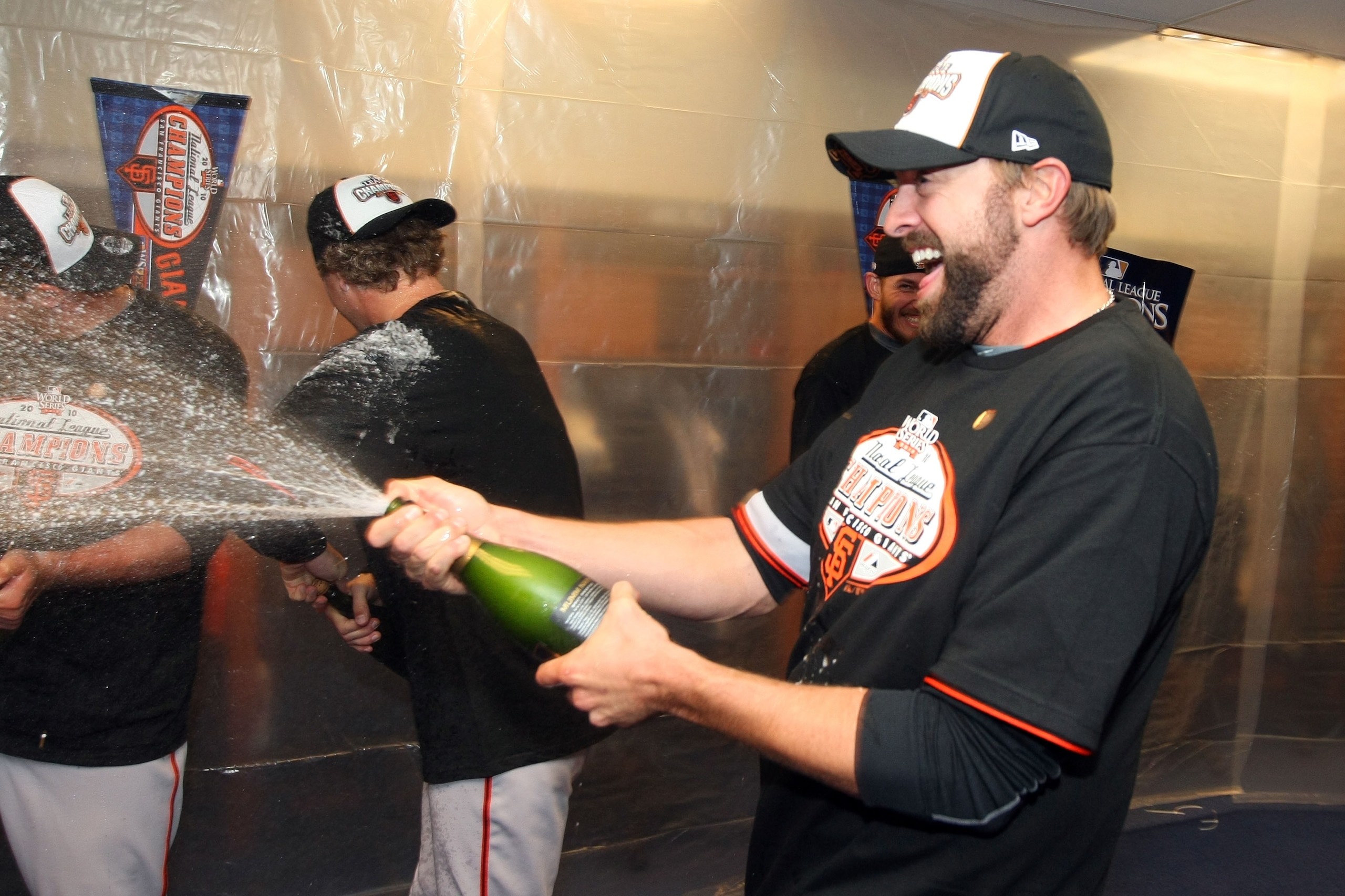PHILADELPHIA - OCTOBER 23: Jeremy Affeldt #41 of the San Francisco Giants celebrates after defeating the Philadelphia Phillies 3-2 and winning the pennant in Game Six of the NLCS during the 2010 MLB Playoffs at Citizens Bank Park on October 23, 2010 in P PHILADELPHIA - OCTOBER 23: Jeremy Affeldt #41 of the San Francisco Giants celebrates after defeating the Philadelphia Phillies 3-2 and winning the pennant in Game Six of the NLCS during the 2010 MLB Playoffs at Citizens Bank Park on October 23, 2010 in P