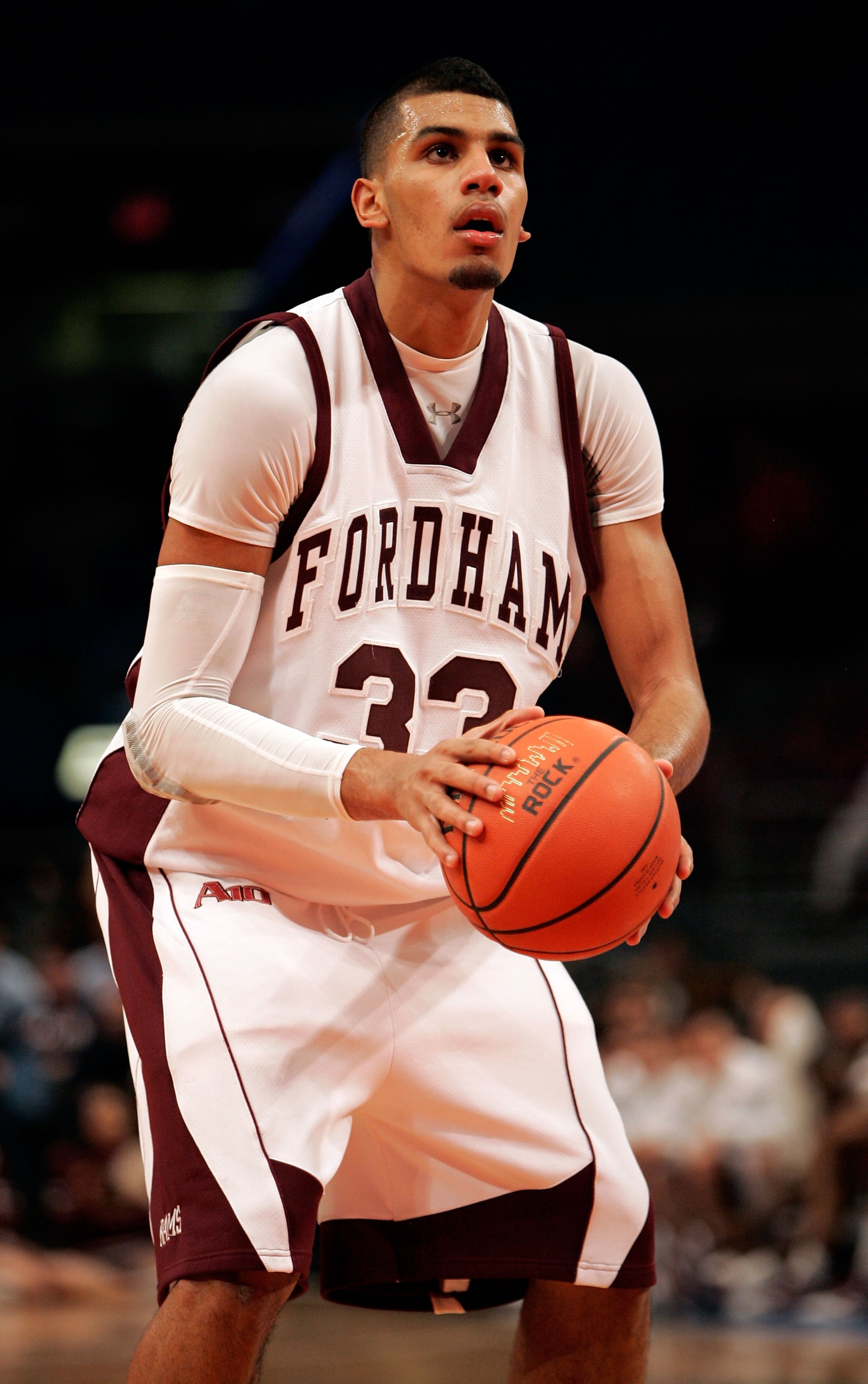 NEW YORK - JANUARY 13: Chris Gaston #33 of the Fordham Rams lines up a free throw against the Dayton Flyers at Madison Square Garden on January 13, 2010 in New York, New York.  (Photo by Mike Lawrie/Getty Images)