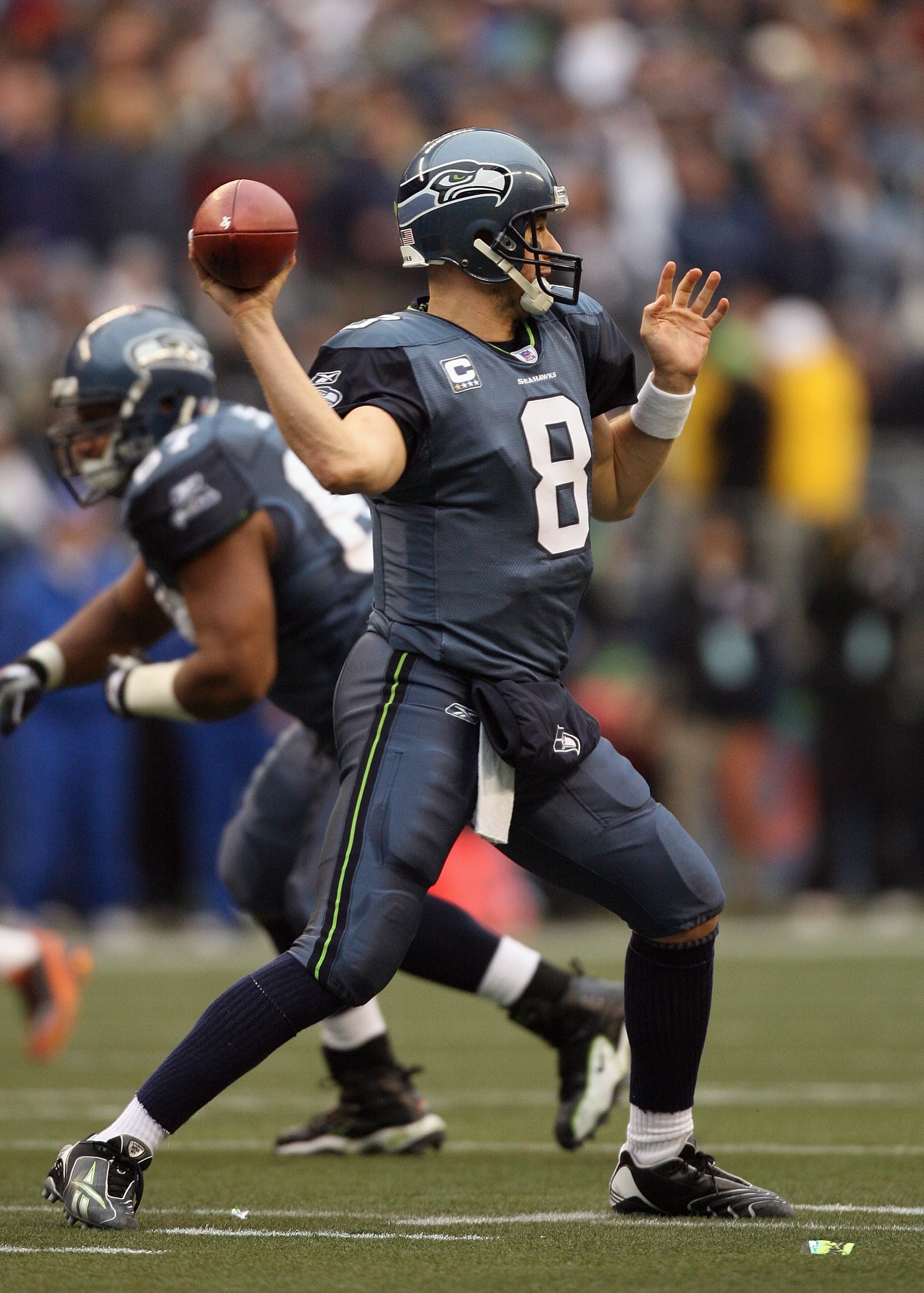 SEATTLE - NOVEMBER 18:  Matt Hasselbeck #8 of the Seattle Seahawks passes against the Chicago Bears at Qwest Field on November 18, 2007 in Seattle, Washington. (Photo by Otto Greule Jr/Getty Images)