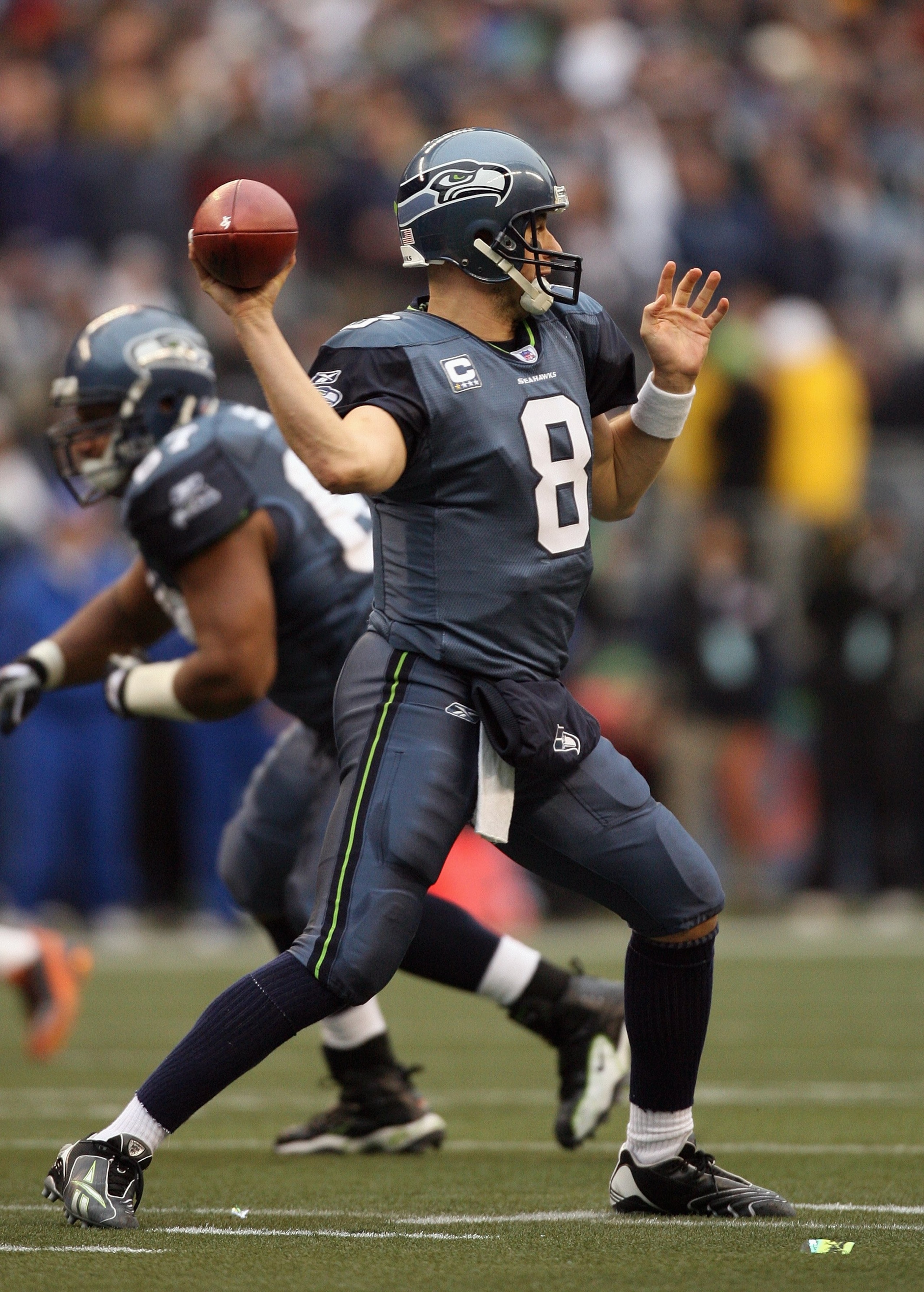 SEATTLE - NOVEMBER 18:  Matt Hasselbeck #8 of the Seattle Seahawks passes against the Chicago Bears at Qwest Field on November 18, 2007 in Seattle, Washington. (Photo by Otto Greule Jr/Getty Images)