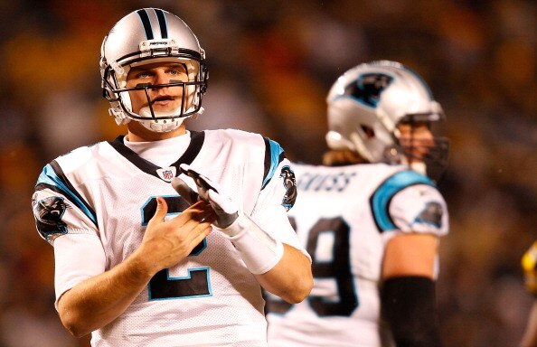 PITTSBURGH - DECEMBER 23:  Jimmy Clausen #2 of the Carolina Panthers calls a timeout during the game against the Pittsburgh Steelers on December 23, 2010 at Heinz Field in Pittsburgh, Pennsylvania.  (Photo by Jared Wickerham/Getty Images)