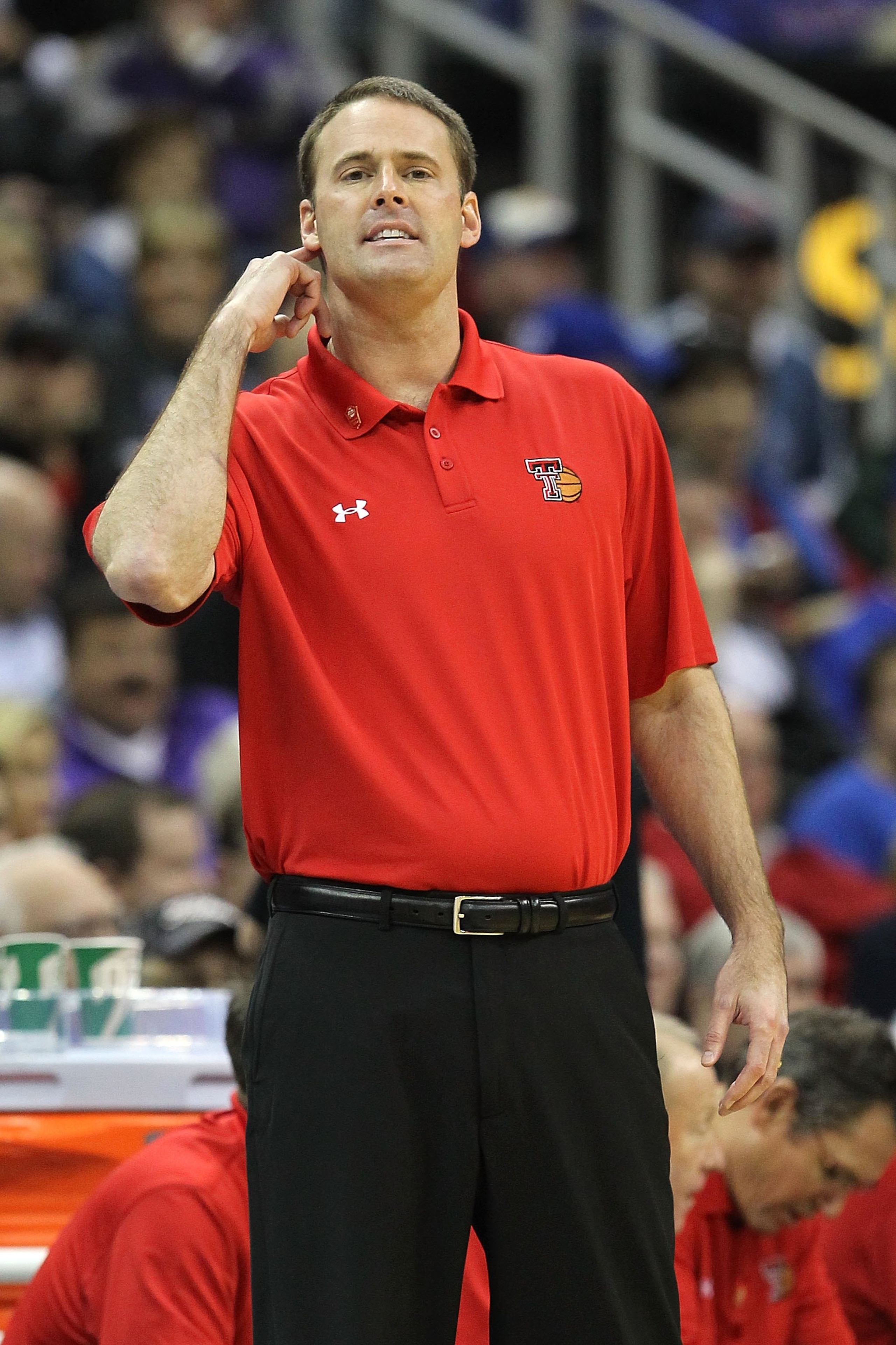 KANSAS CITY, MO - MARCH 11:  Head coach Pat Knight of the Texas Tech Red Raiders reacts while taking on the Kansas Jayhawks during the quarterfinals of the 2010 Phillips 66 Big 12 Men's Basketball Tournament at the Sprint Center on March 11, 2010 in Kansa