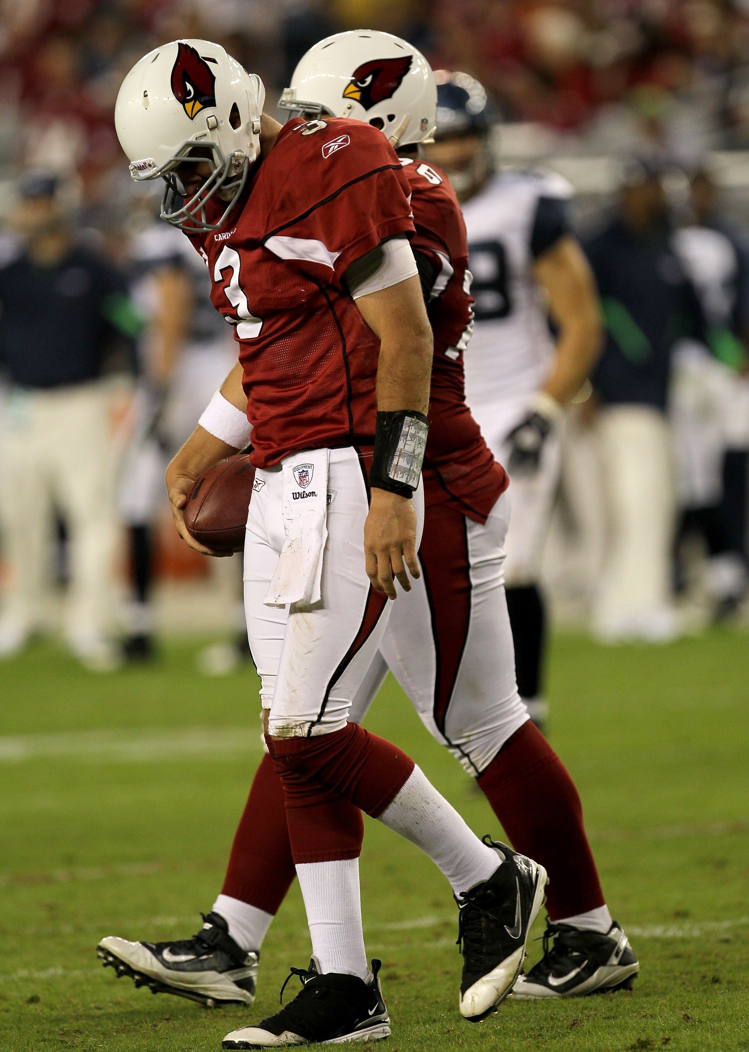 GLENDALE, AZ - NOVEMBER 14:  Quarterback Derek Anderson #3 of the Arizona Cardinals walks off the field after a third down sack in the fourth quarter against the Seattle Seahawks at University of Phoenix Stadium on November 14, 2010 in Glendale, Arizona.
