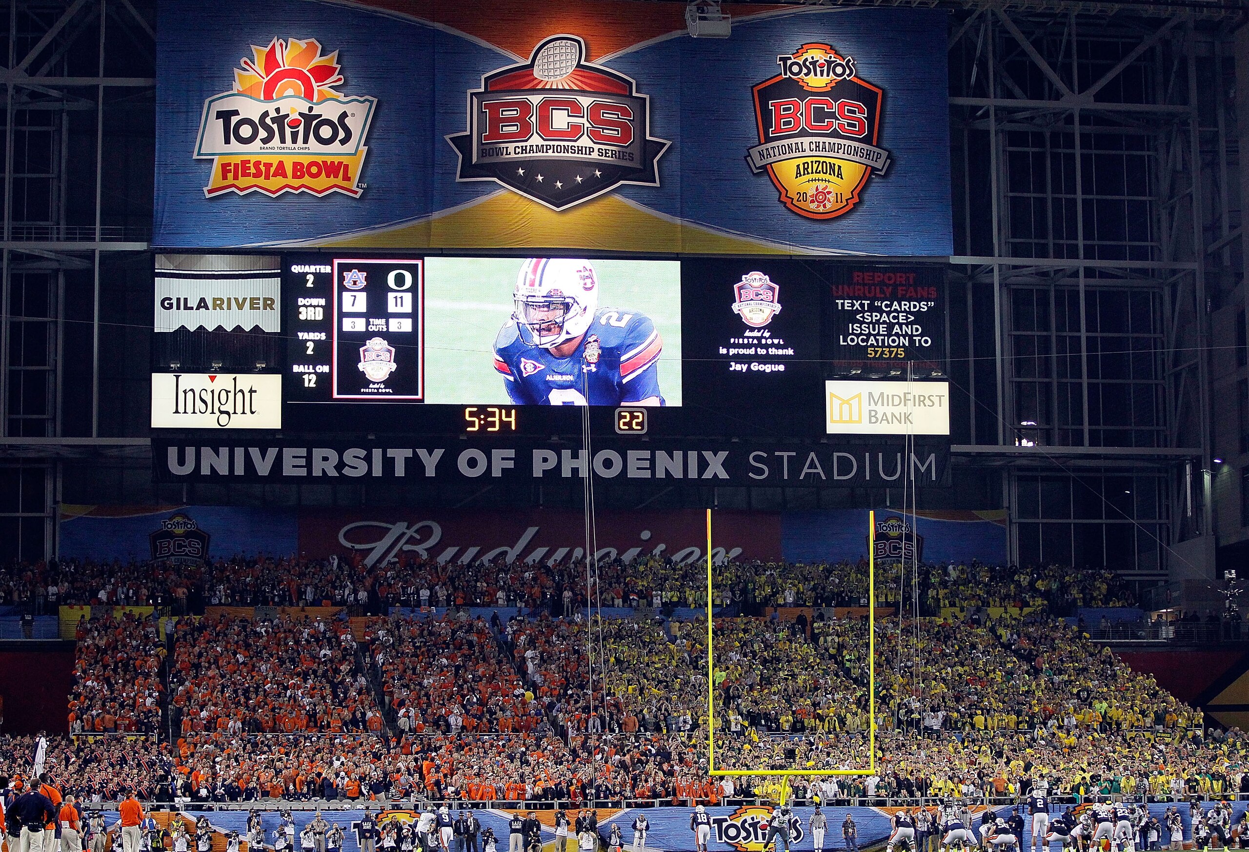 GLENDALE, AZ - JANUARY 10:  A general view of the scoreboard during the Tostitos BCS National Championship Game between the Oregon Ducks and the Auburn Tigers at University of Phoenix Stadium on January 10, 2011 in Glendale, Arizona.  (Photo by Kevin C. C
