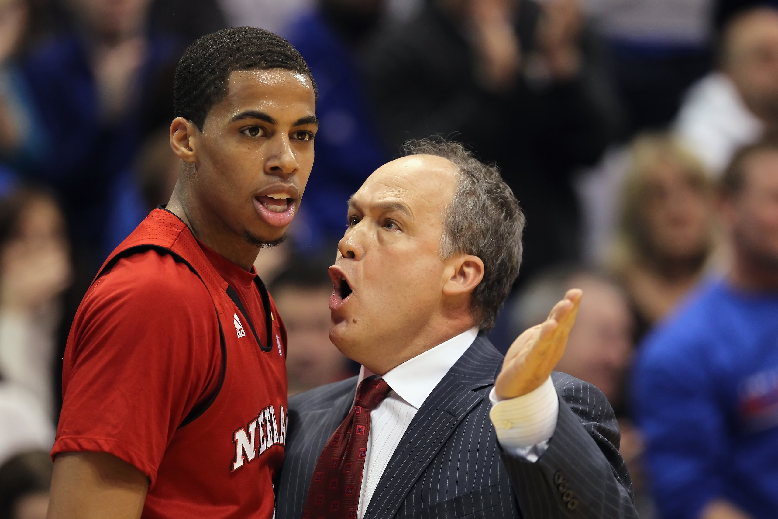 LAWRENCE, KS - JANUARY 15:  Head coach Doc Sadler of the Nebraska Cornhuskers instructs Toney McCray #0 during the game against the Kansas Jayhawks on January 15, 2011 at Allen Fieldhouse in Lawrence, Kansas.  (Photo by Jamie Squire/Getty Images)