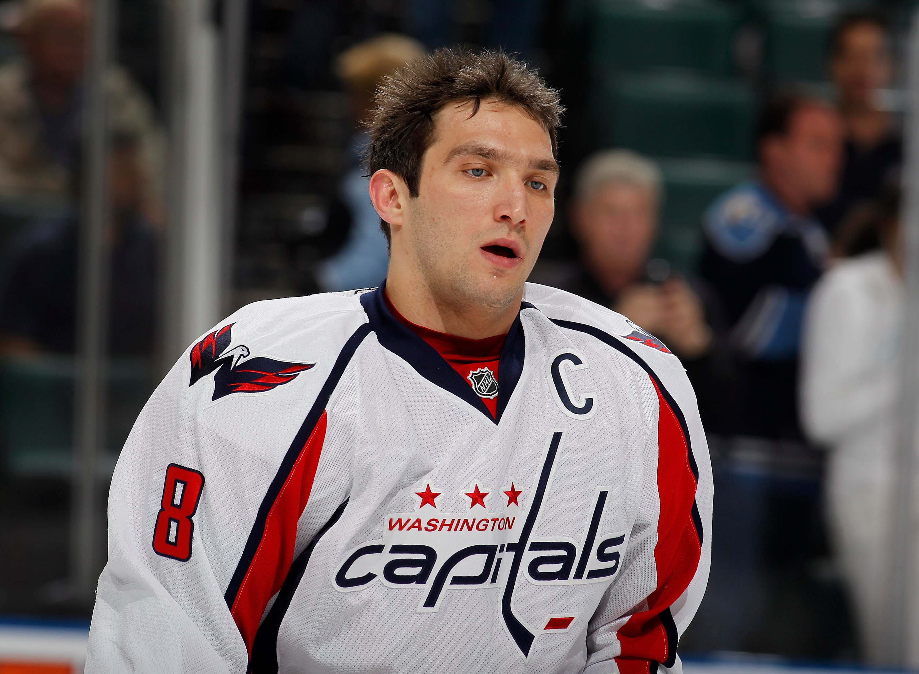 SUNRISE, FL - JANUARY 11: Alex Ovechkin #8 of the Washington Capitals warms up prior to the game against the Florida Panthers on January 11, 2011 at the BankAtlantic Center in Sunrise, Florida. (Photo by Joel Auerbach/Getty Images)