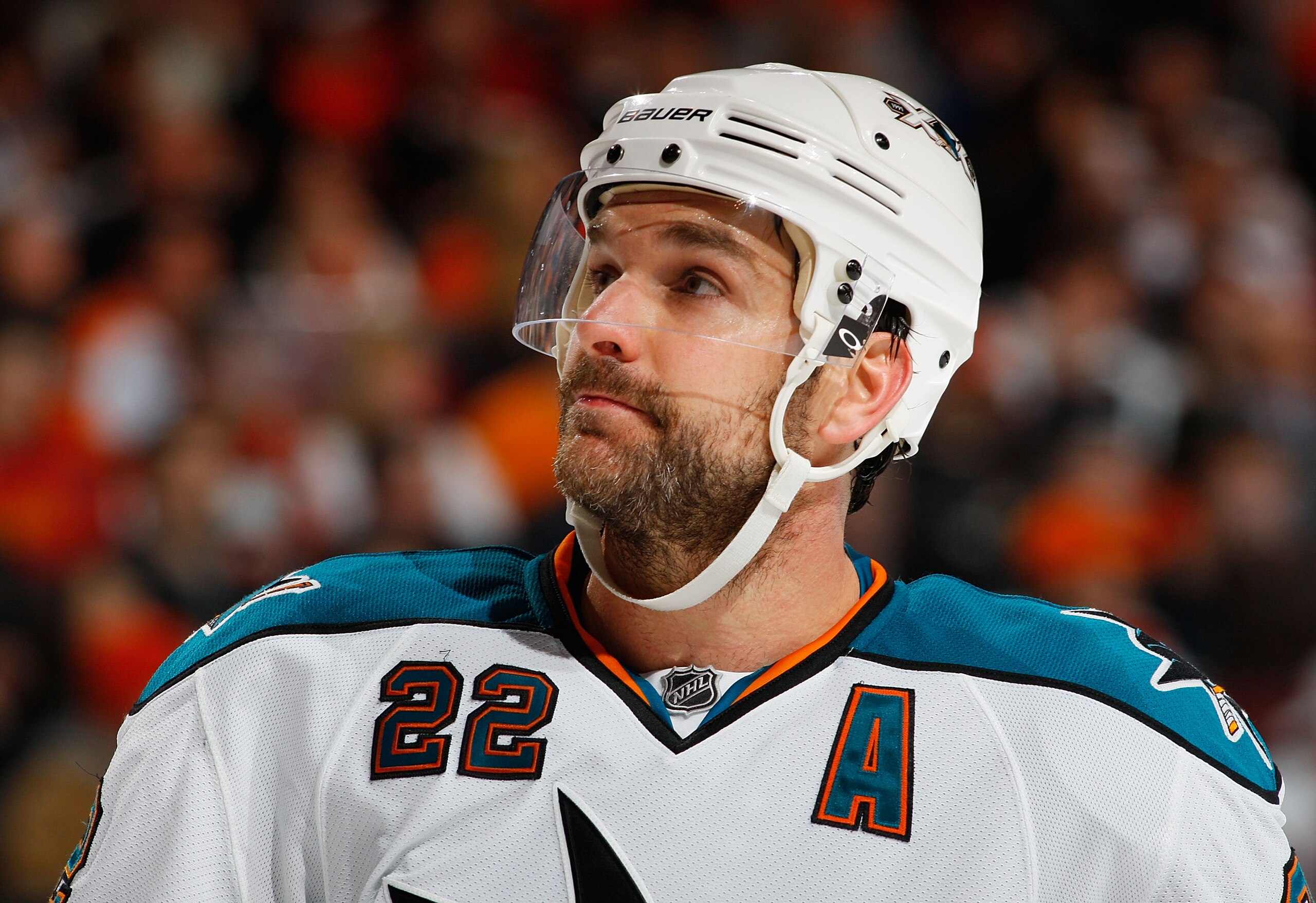 PHILADELPHIA - DECEMBER 08:  Dan Boyle #22 of the San Jose Sharks skates against the Philadelphia Flyers on December 8, 2010 at the Wells Fargo Center in Philadelphia, Pennsylvania. Sharks defeat the Flyers 5-4 in a shootout.  (Photo by Mike Stobe/Getty I
