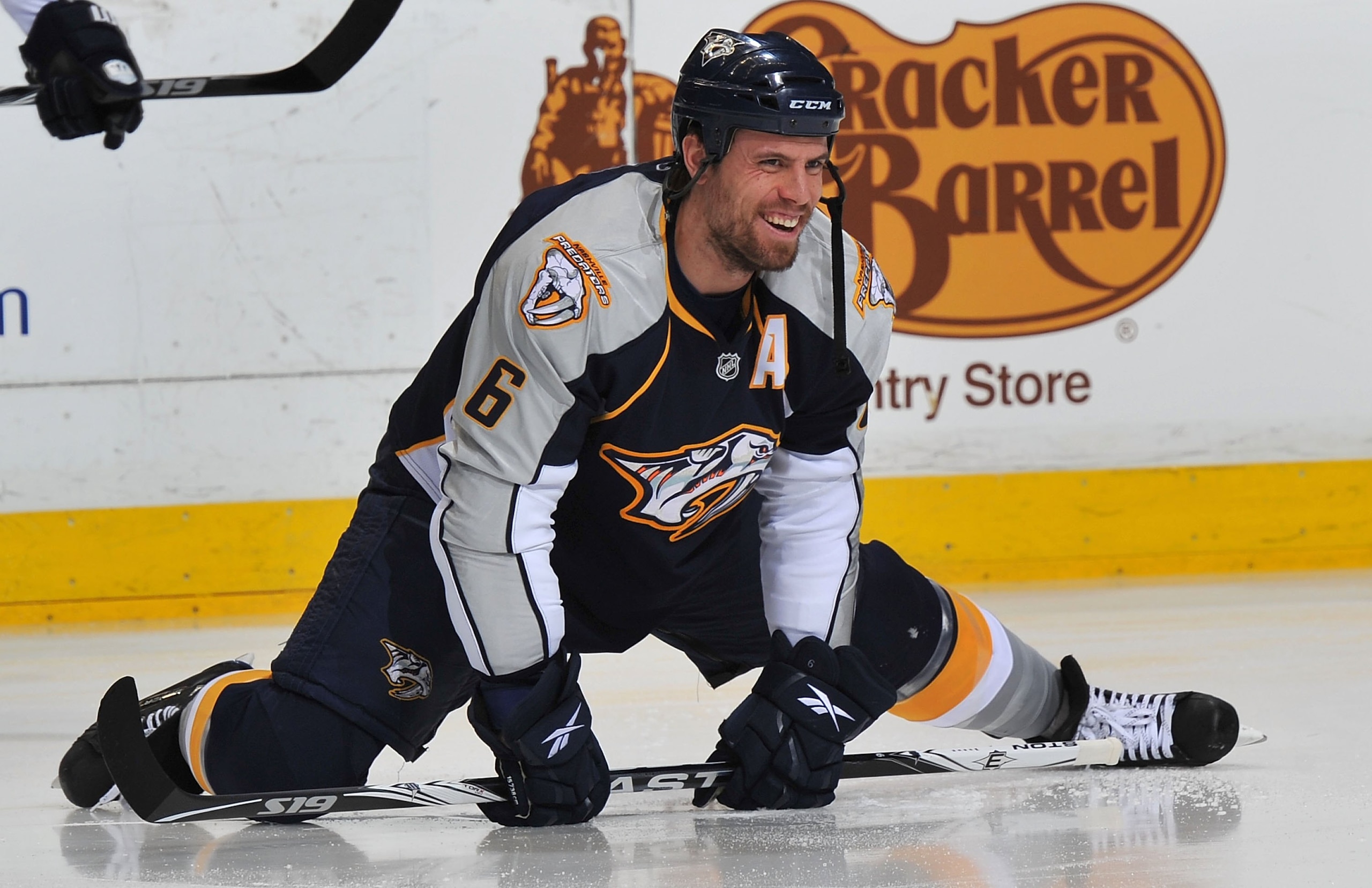 NASHVILLE, TN - APRIL 26:  Shea Weber #6 of the Nashville Predators stretches prior to a game against the Chicago Blackhawks in Game Six of the Western Conference Quarterfinals during the 2010 NHL Stanley Cup Playoffs at Bridgestone Arena on April 26, 201