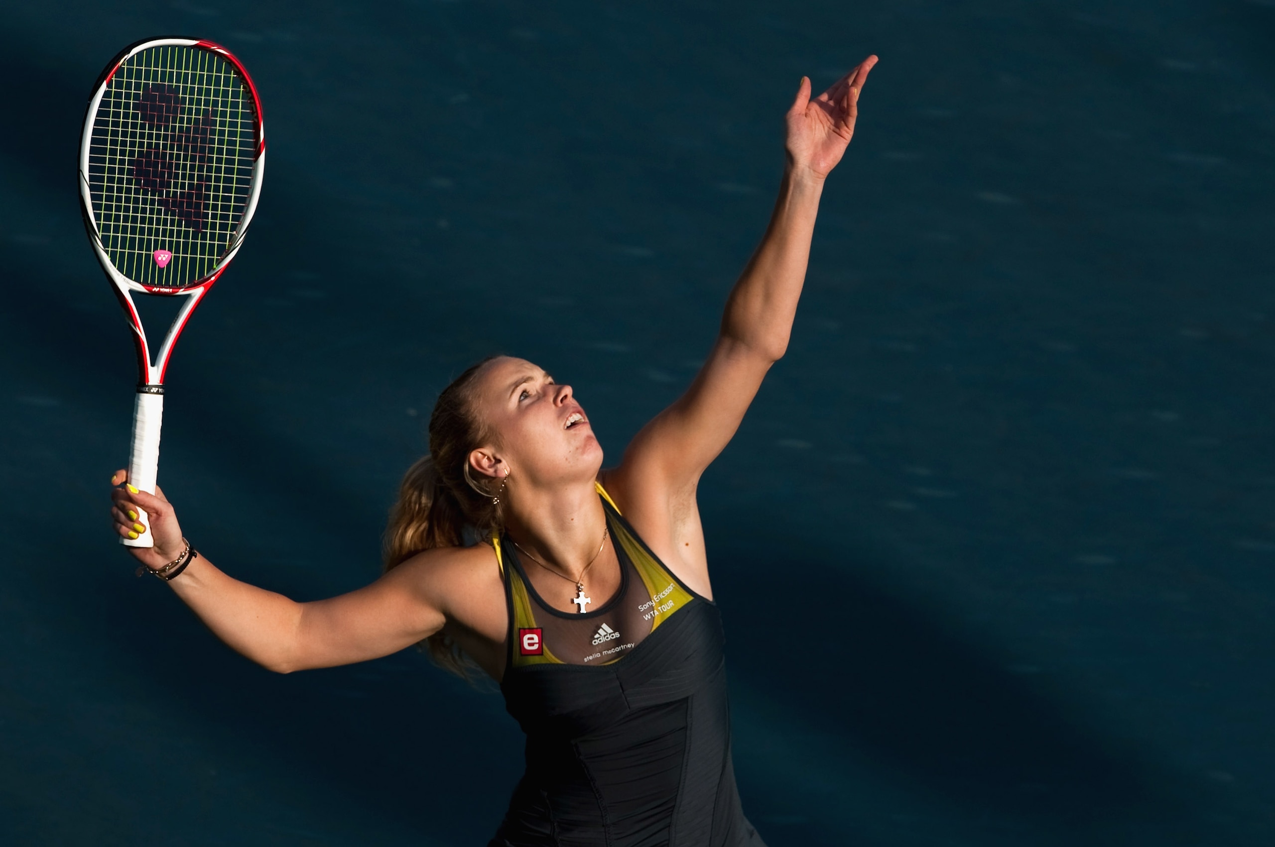 HONG KONG - JANUARY 08:  Caroline Wozniacki of Denmark serves during her match against Vera Zvonareva of Russia during day four of the Hong Kong Tennis Classic 2011 on January 8, 2011 in Hong Kong, China.  (Photo by Victor Fraile/Getty Images)