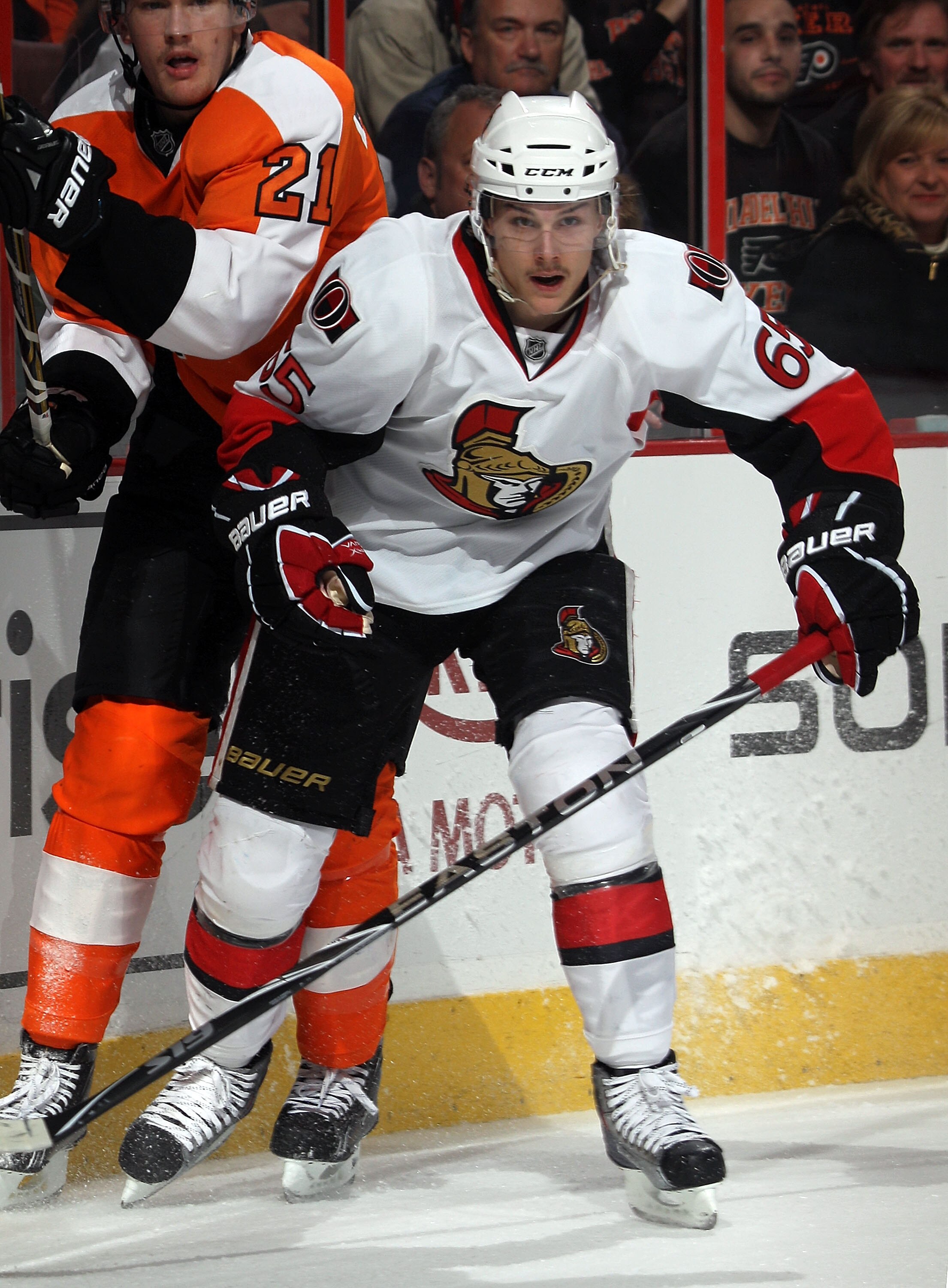 PHILADELPHIA - NOVEMBER 15:  Erik Karlsson #65 of the Ottawa Senators skates against the Philadelphia Flyers at the Wells Fargo Center on November 15, 2010 in Philadelphia, Pennsylvania.  (Photo by Bruce Bennett/Getty Images)